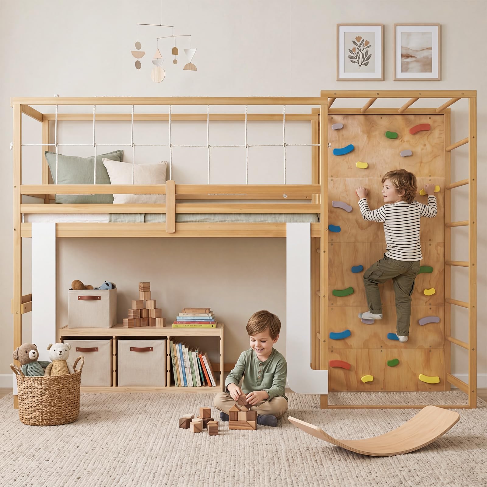 KOMFOTT Twin Bunk Bed with Jungle Gym Kids Loft Bed with Rock Wall