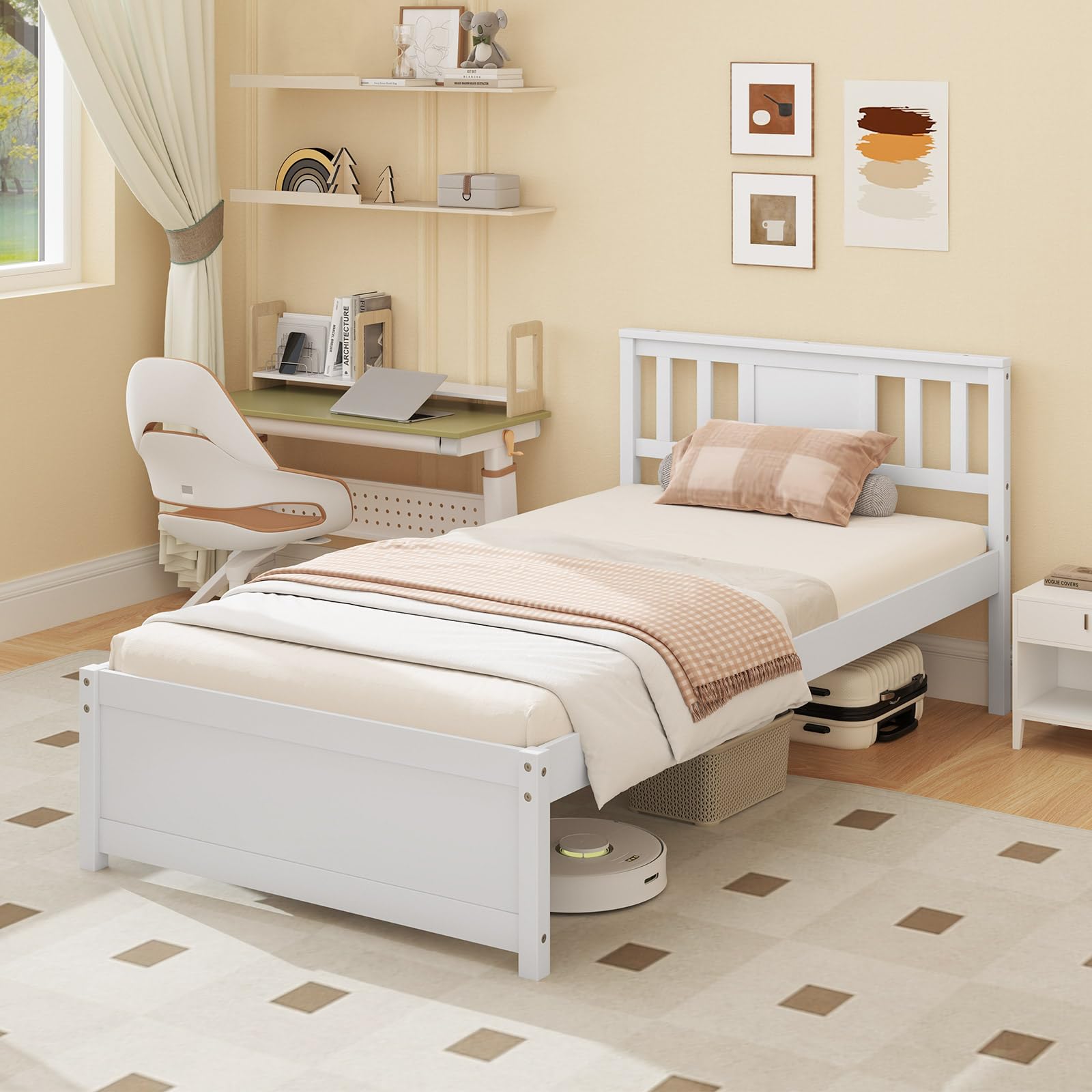 KOMFOTT Wood Platform Bed Frame with Headboard Solid Wood Platform Bed