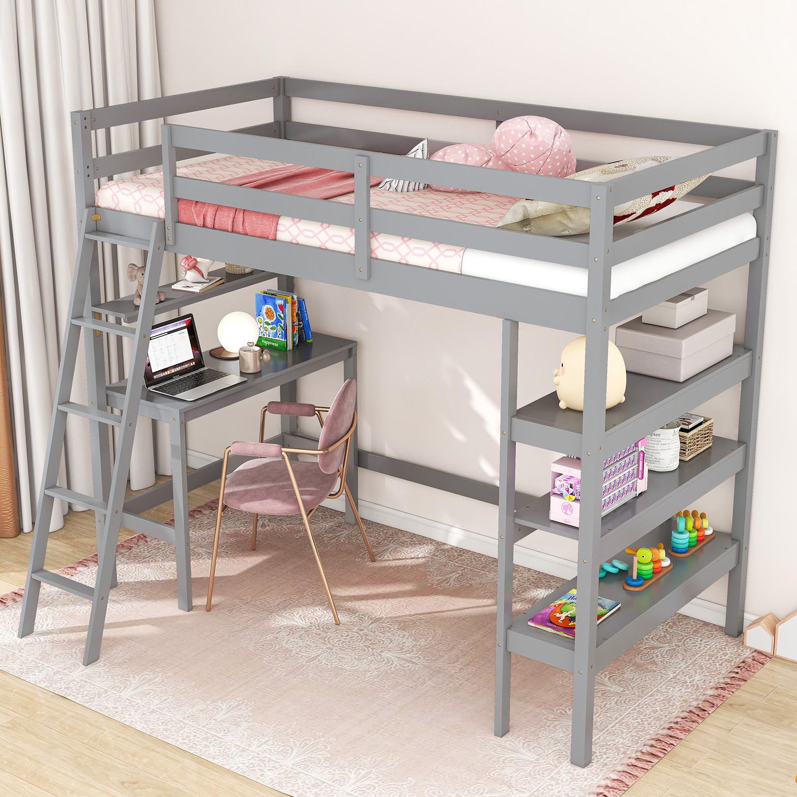 KOMFOTT Loft Bed with Desk & Storage Shelves