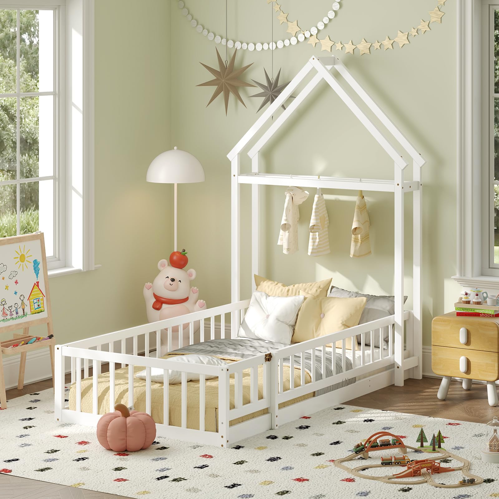 KOMFOTT Twin Size Floor Bed with House-Shaped Headboard(Twin with Headboard)