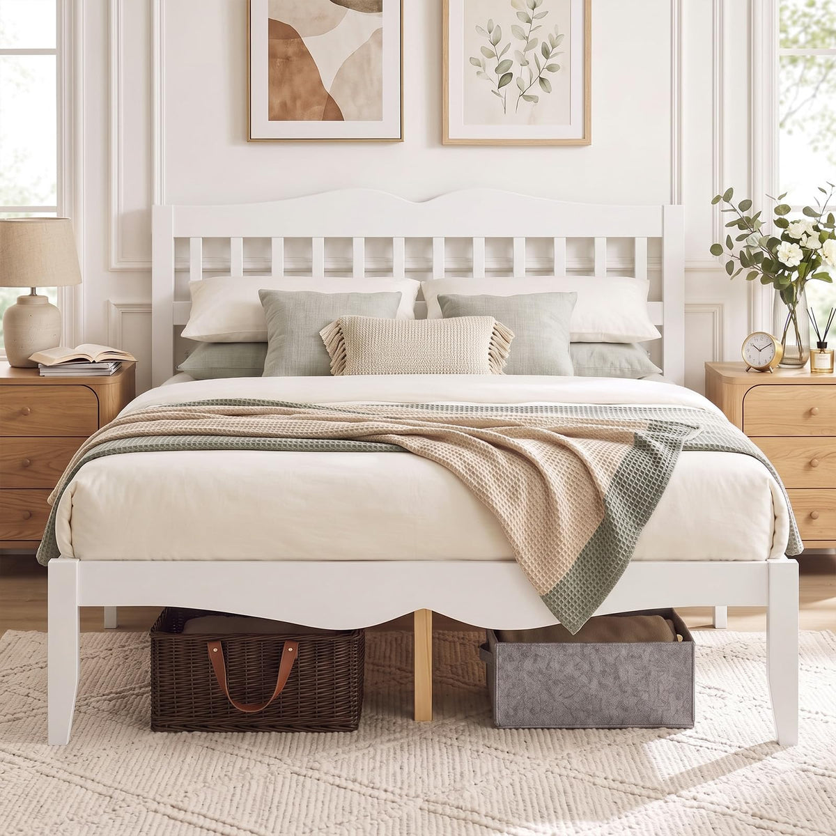 KOMFOTT Full/Queen Size Bed Frame Farmhouse Wooden Bed with Slatted Headboard(Curved Slatted Headboard)