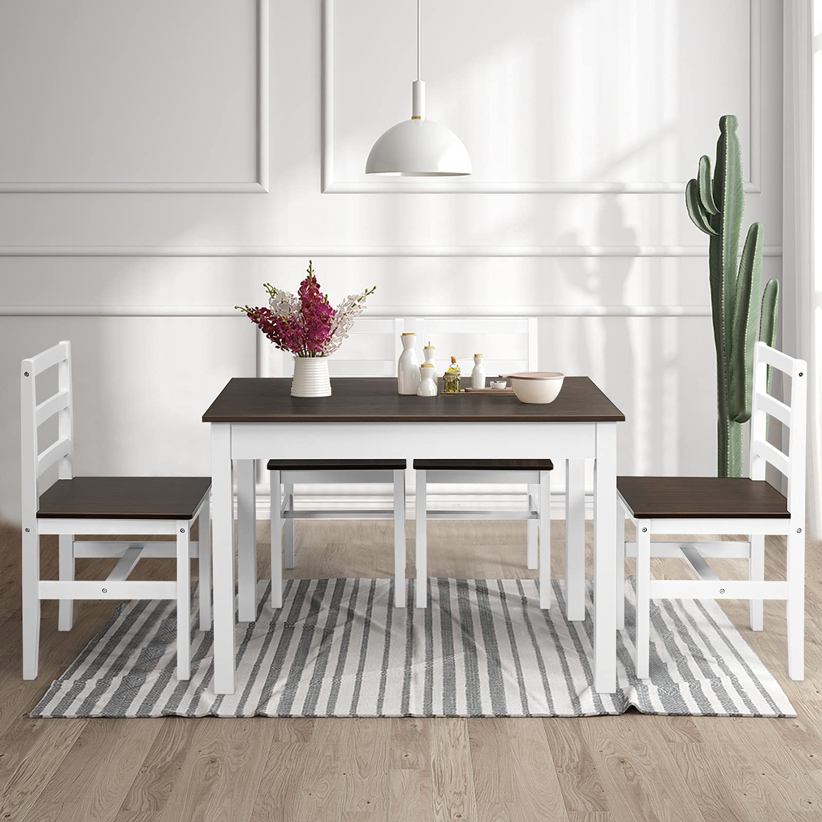 KOMFOTT 5 Piece Dining Set of 4, Solid Wood Rectangular Table & 4 Chairs, Farmhouse Dinette Set w/Pine Wood Legs