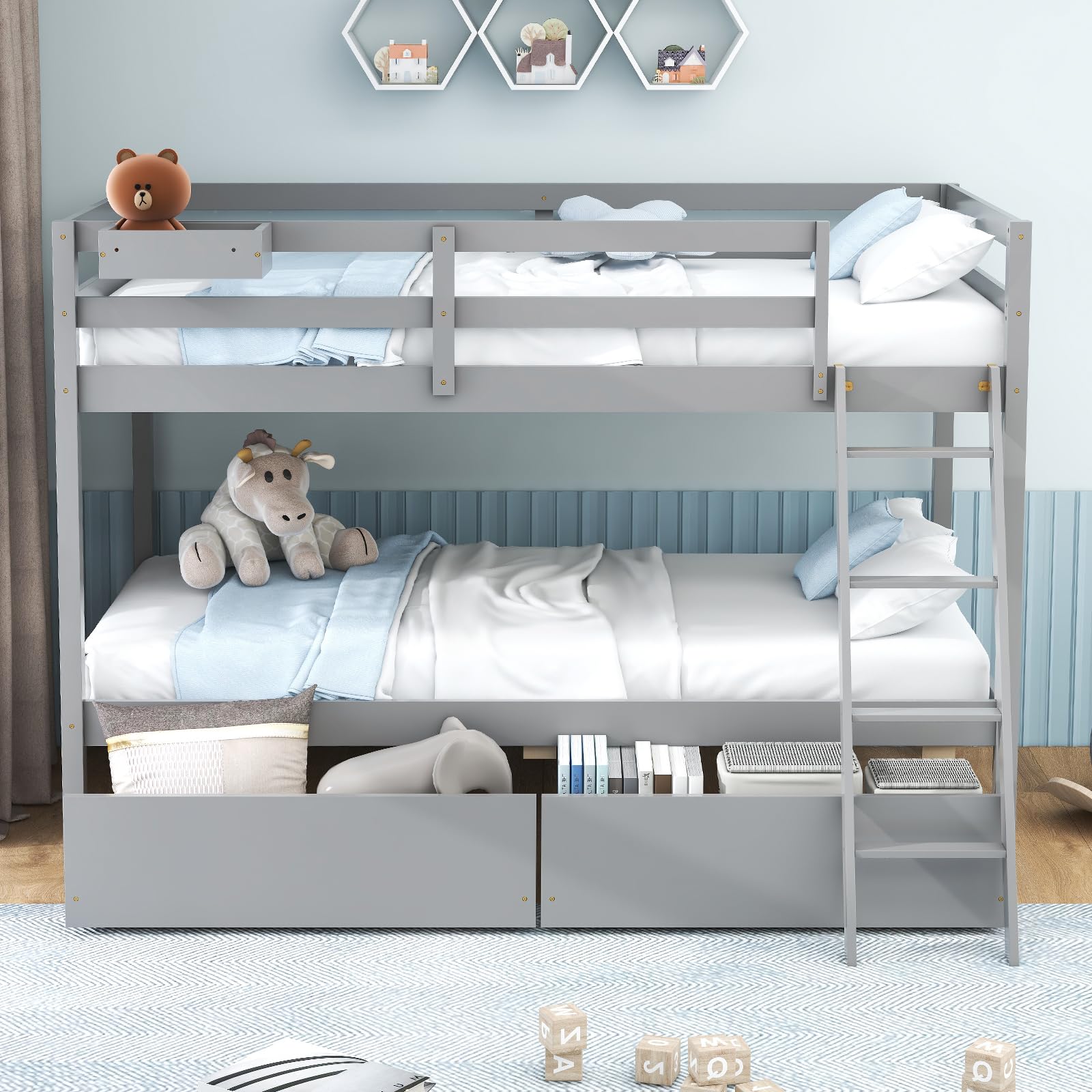 KOMFOTT Twin Over Twin Bunk Bed with 2 Roll-Out Drawers, Removable Storage Box