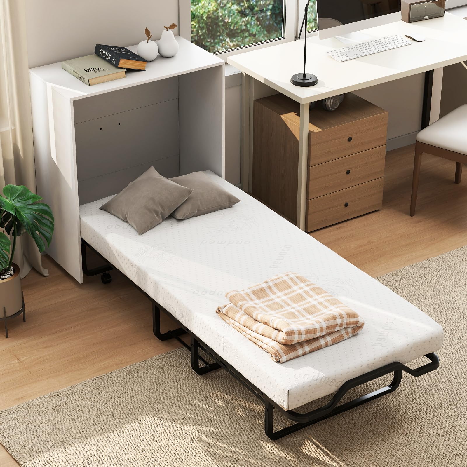 KOMFOTT Murphy Bed Cabinet, Rolling Folding Bed into Cabinet with Mattress & Lockable Wheel