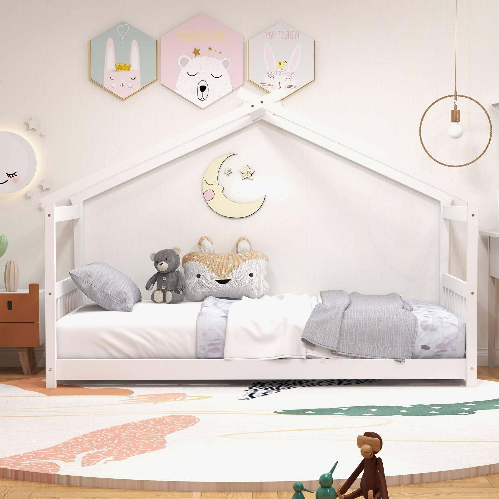 KOMFOTT Twin Floor House Bed with Headboard & Footboard