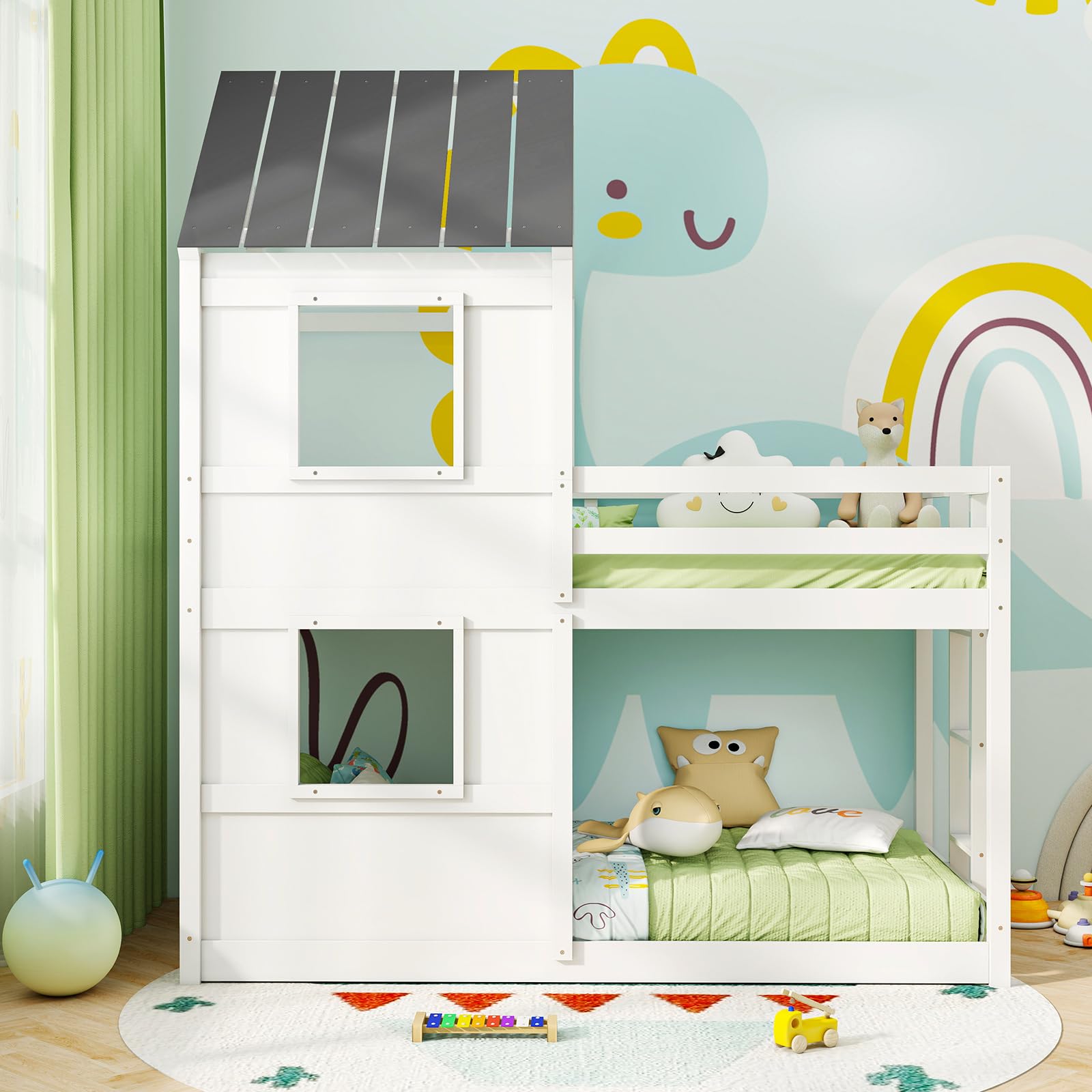 KOMFOTT Twin Over Twin Wood Floor Bunk Bed with Built in Ladder, Window & Safety Guardrail