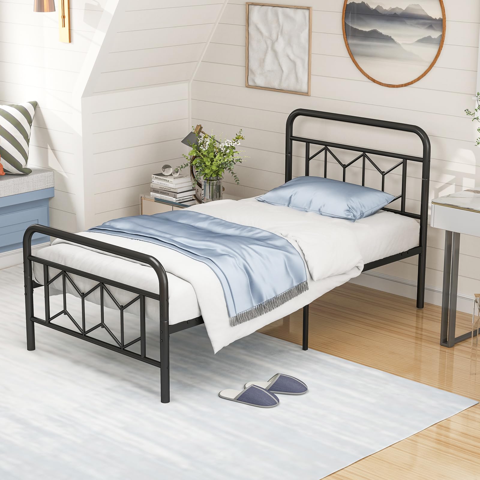 KOMFOTT Metal Bed Frame with Headboard & Footboard Heavy Duty Platform Bed