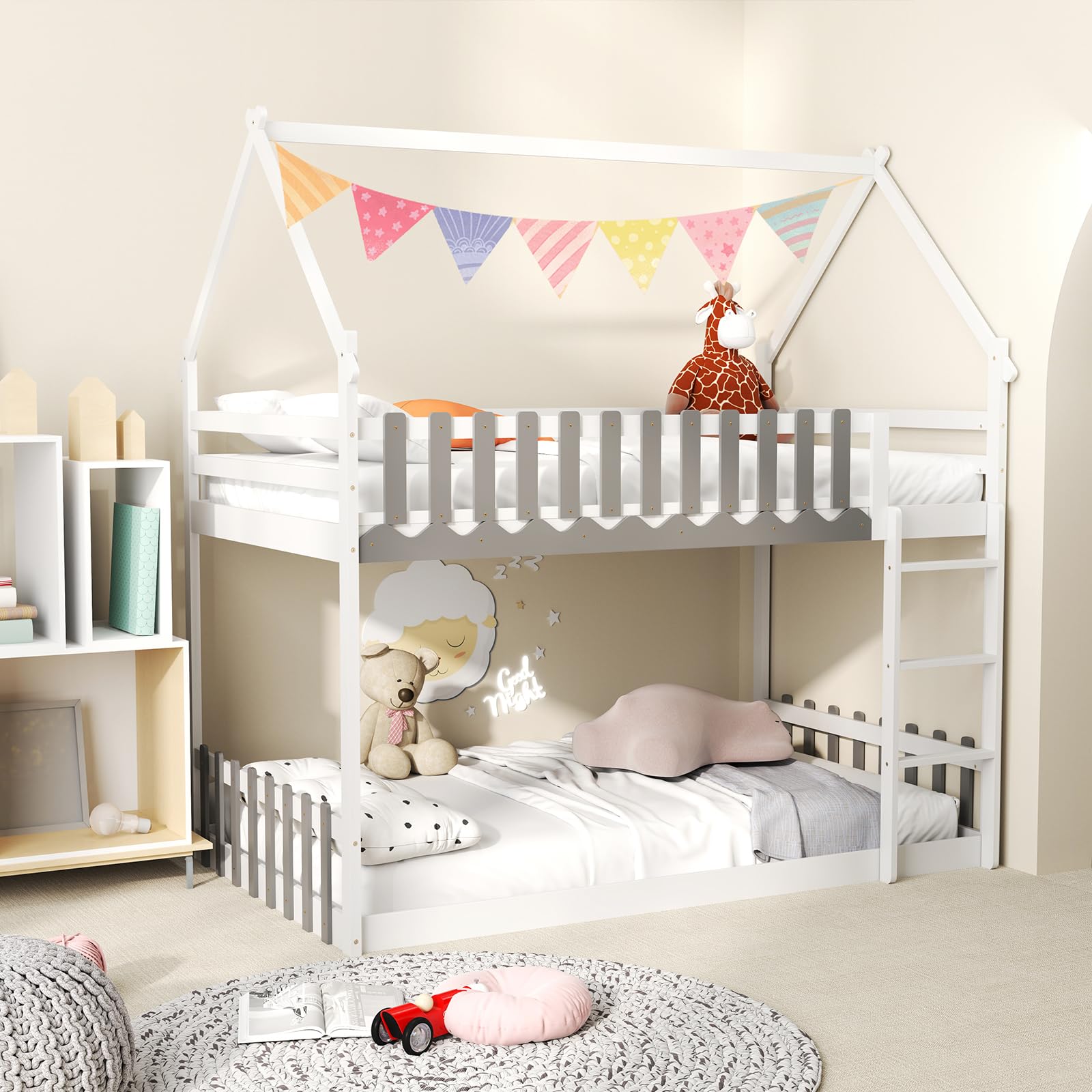 KOMFOTT Wood Twin Over Twin House Bunk Bed, Solid Wood Low Bunk Bed with Ladder, Safety Guardrails & Fences