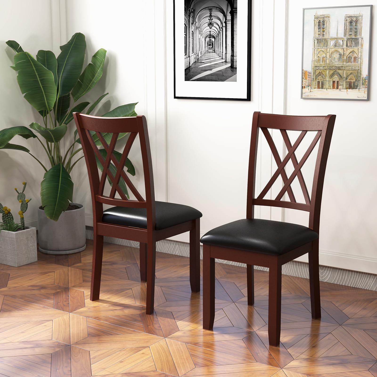KOMFOTT Wood Dining Chairs Set of 2/4, Faux Leather Upholstered Kitchen Chairs with Rubber Wood Legs, Padded Seat