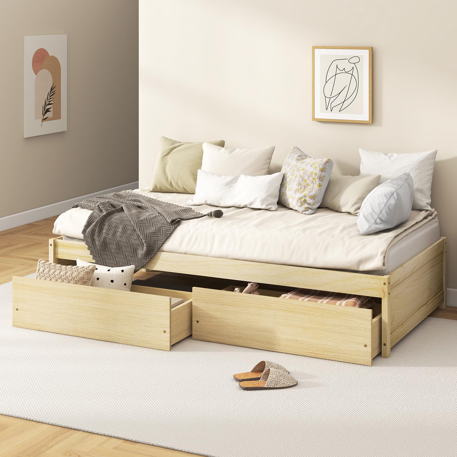KOMFOTT Bed Frame with 2 Storage Drawers, Solid Wood Platform Bed with Slats Support