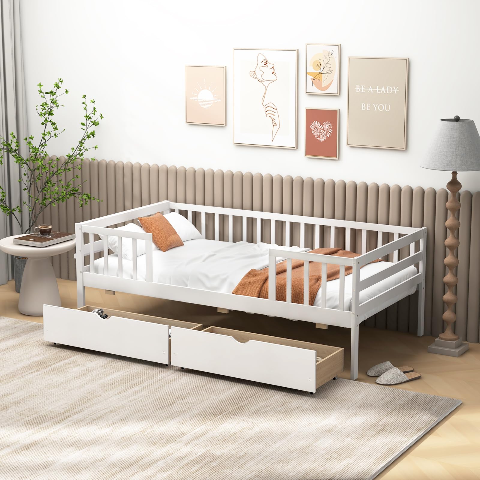 KOMFOTT Wood Twin Bed Frame with Fence Rails & 2 Pull-Out Drawers