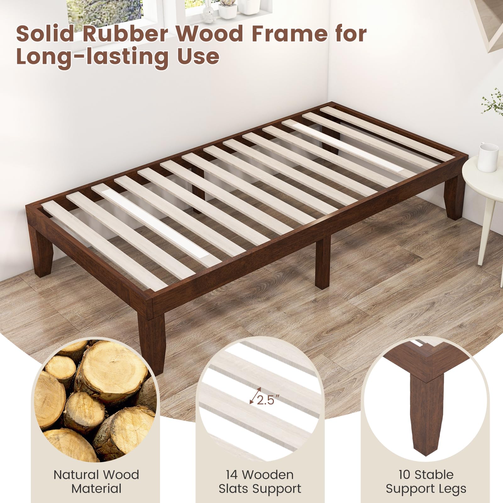 KOMFOTT Wood Platform Bed Frame, Solid Wood Mattress Foundation with Rubber Wood Frame