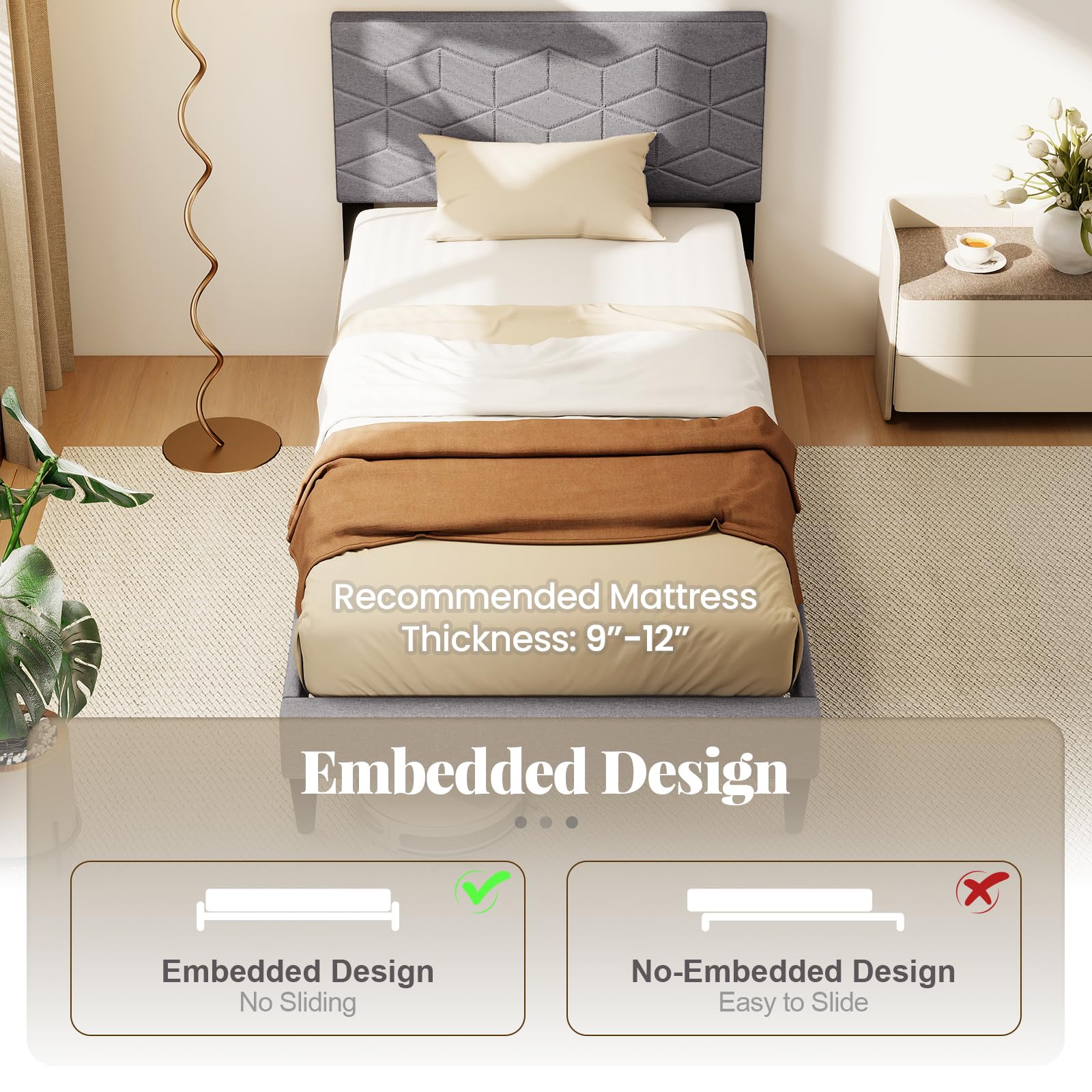 KOMFOTT Twin/Full/Queen Upholstered Bed Frame with Linen Fabric Headboard