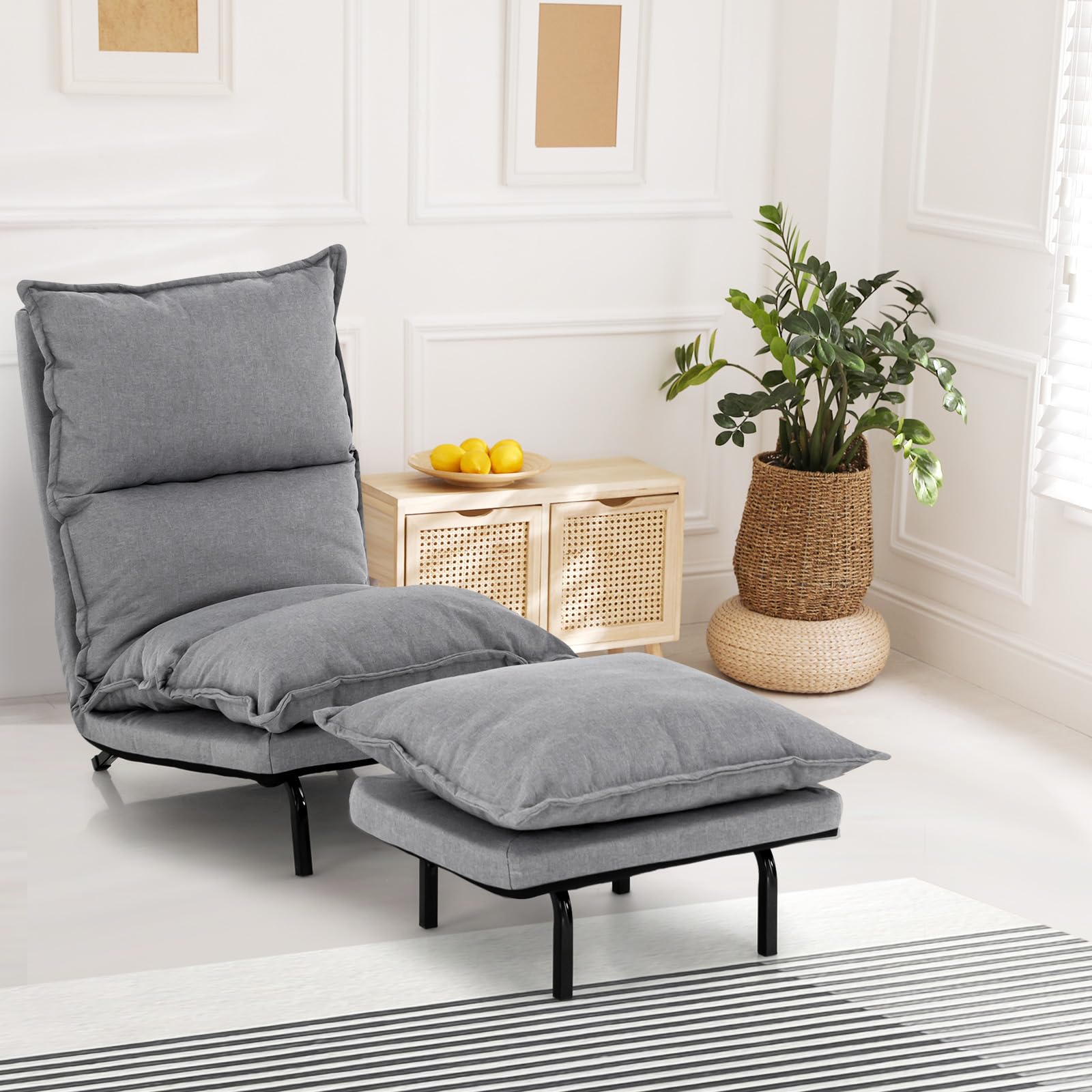 KOMFOTT Floor Lazy Sofa Chair with Ottoman, Modern Recliner Lounge Chair with 6-Level Adjustable Backrest