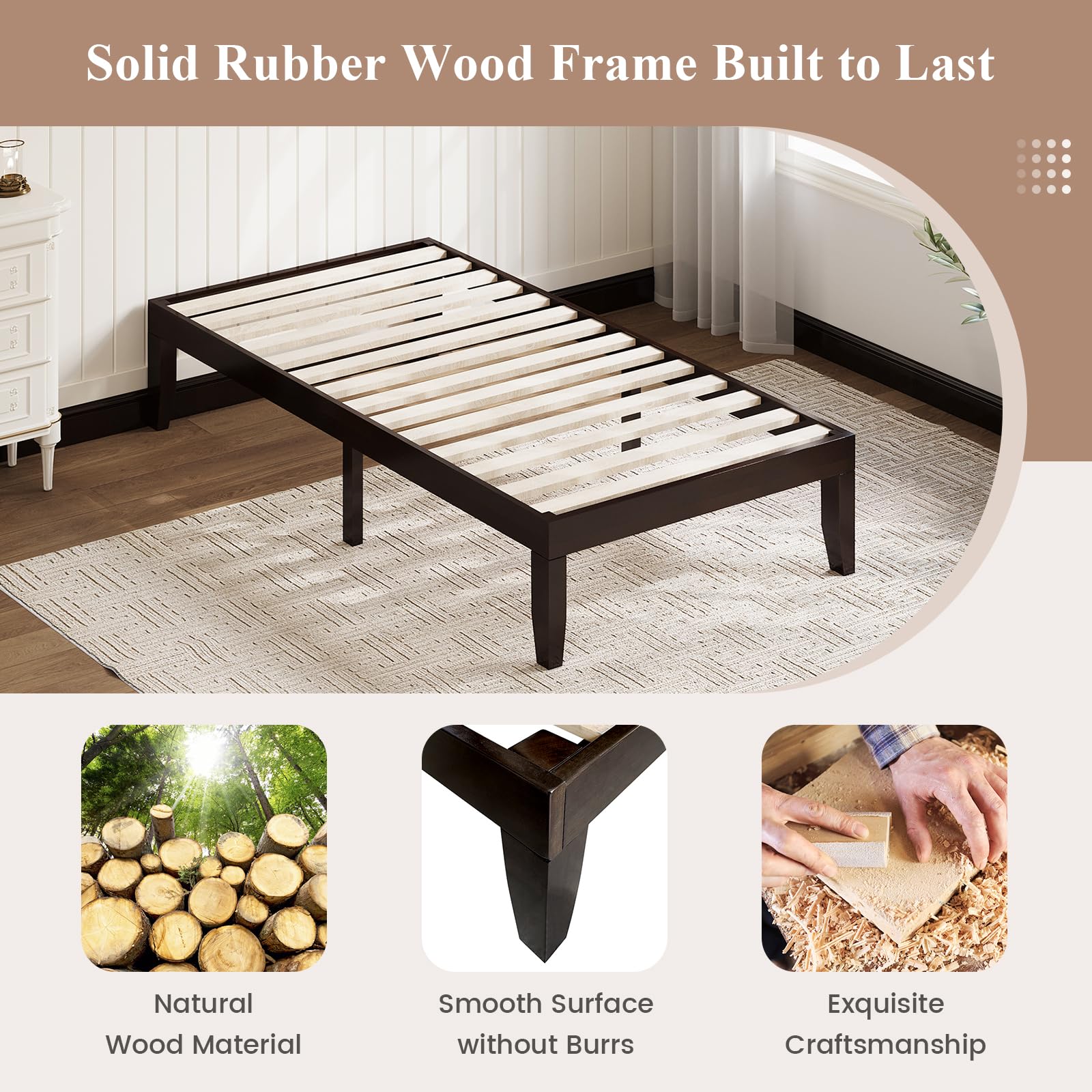 KOMFOTT Wood Platform Bed Frame, Solid Wood Mattress Foundation with Rubber Wood Frame