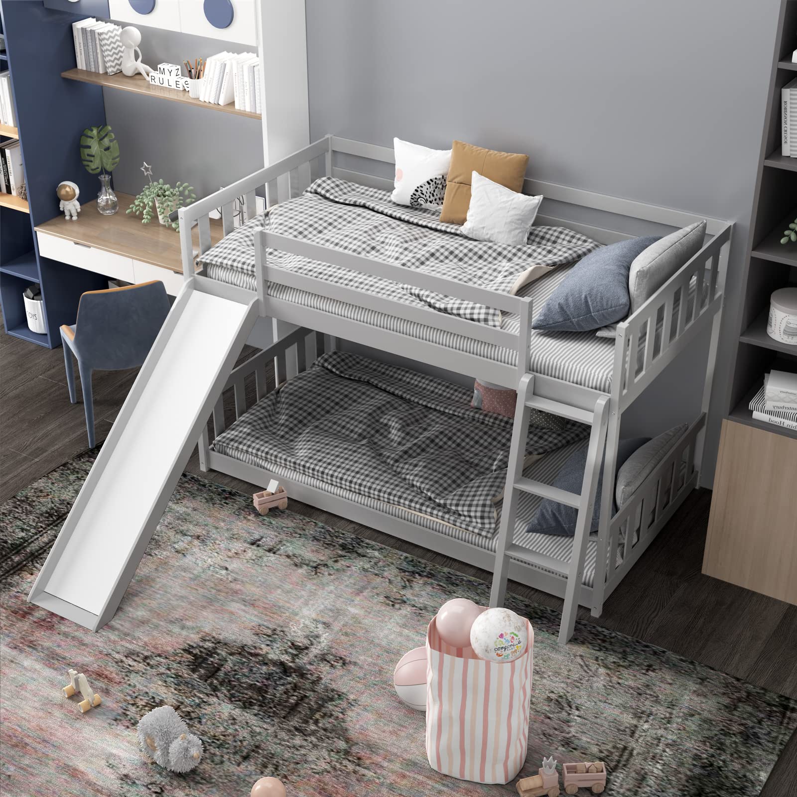 KOMFOTT Wood Bunk Bed Twin Over Twin Bunk Bed Frame w/Convertible Slide