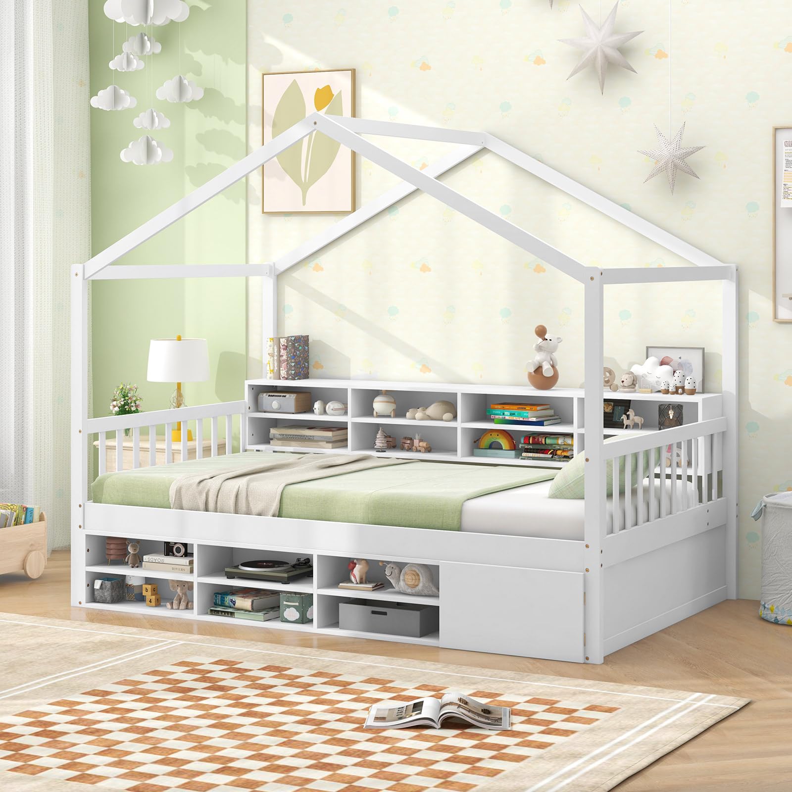 KOMFOTT Twin Size House Bed with 14 Storage Cubes, Enclosed Cabinet, Wood Slats & Fencing