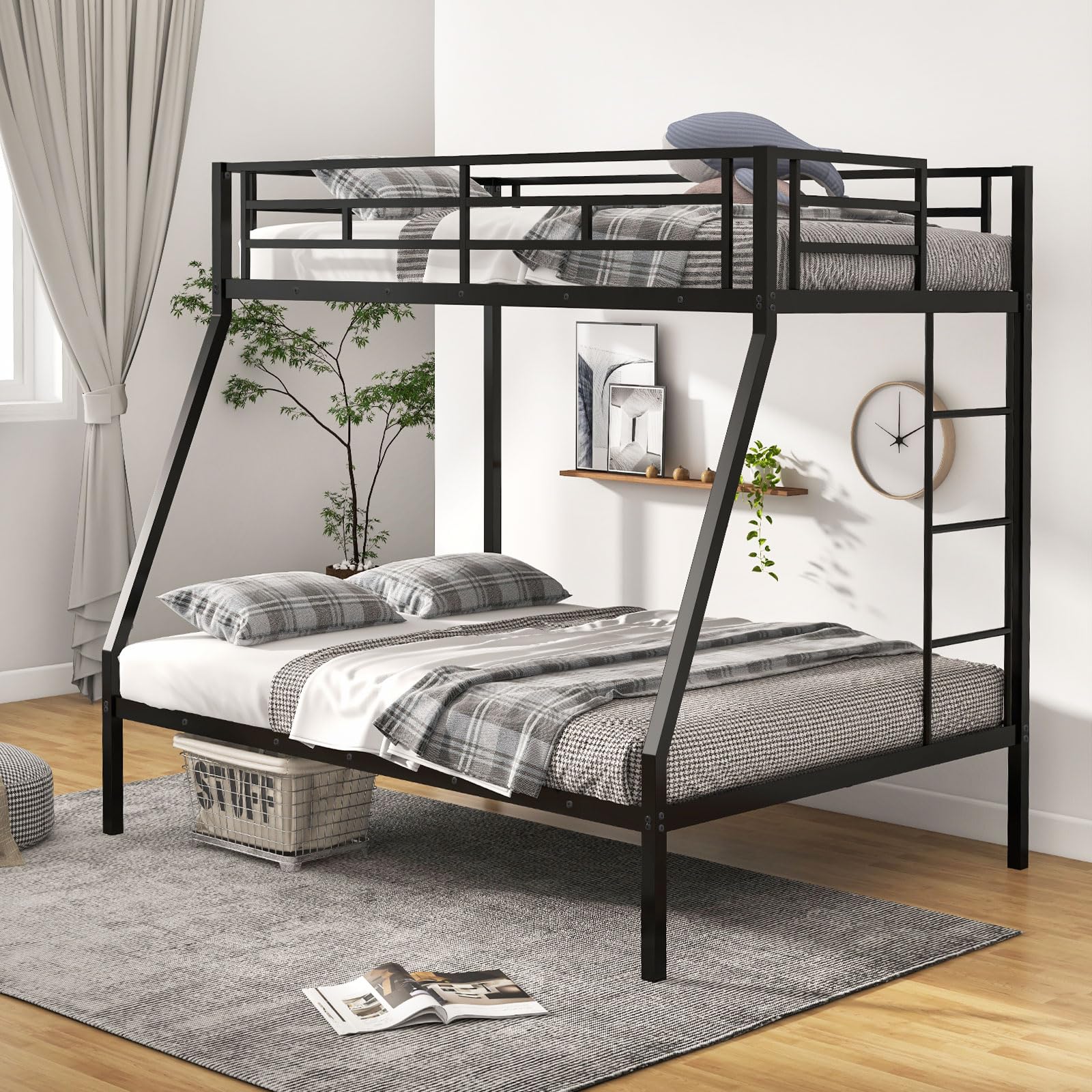 KOMFOTT Metal Twin Over Full Bunk Bed, Heavy Duty Bed Frame with Integrated Ladder, Full-Length Guardrails for Teens & Adults