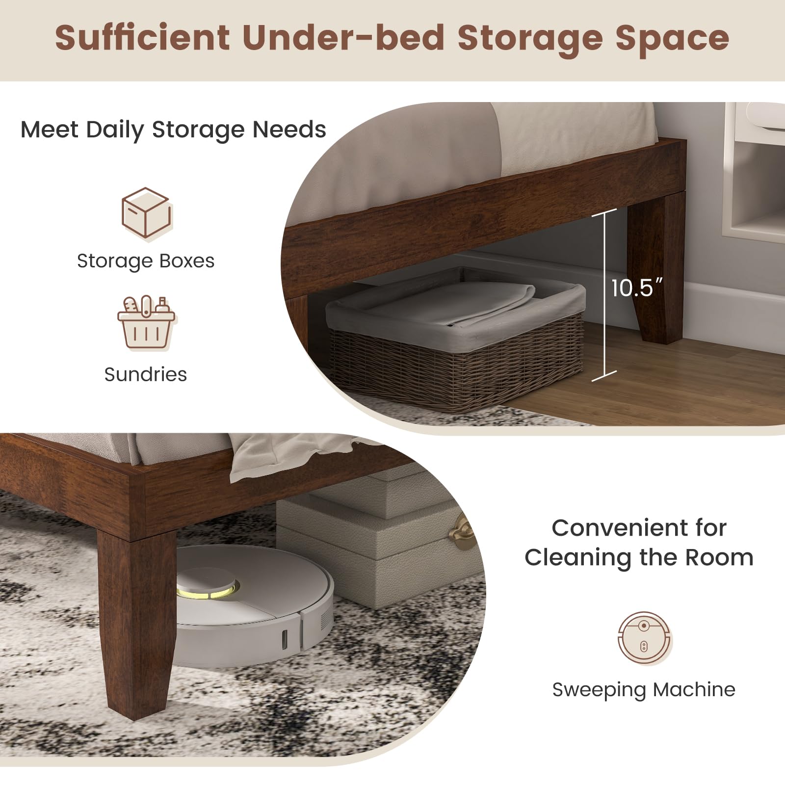 KOMFOTT Wood Platform Bed Frame, Solid Wood Mattress Foundation with Rubber Wood Frame