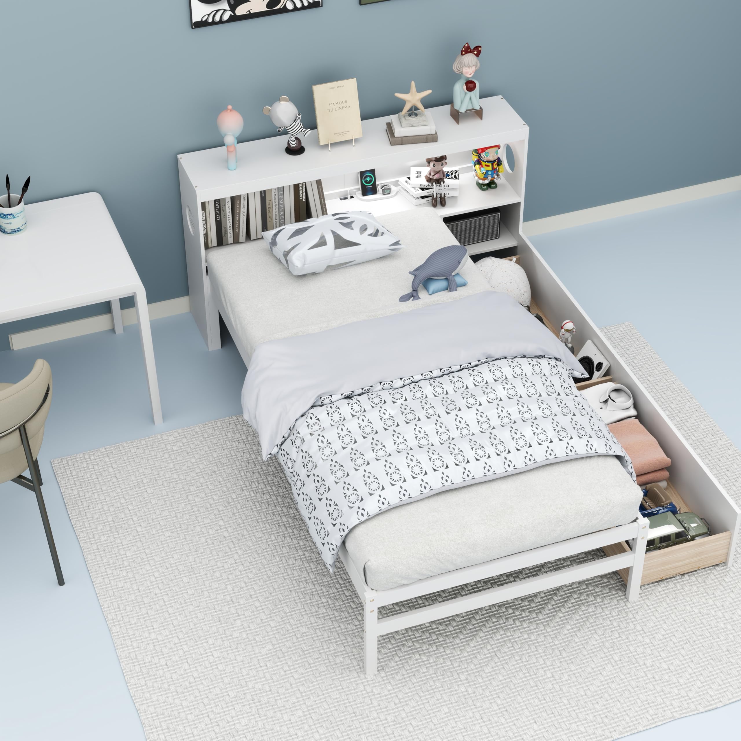 KOMFOTT Wood Twin Bed Frame with Storage Drawer & Headboard, Modern Platform Bed with Charging Station & LED Light