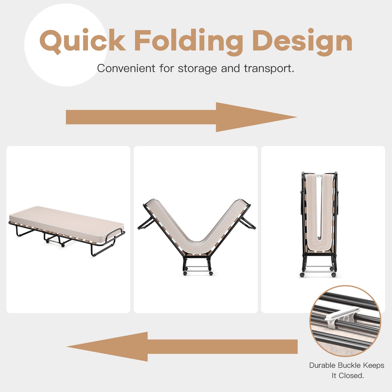 KOMFOTT Folding Bed with Mattress for Adults, Rollaway Guest Beds w/Memory Foam Mattress & Metal Frame