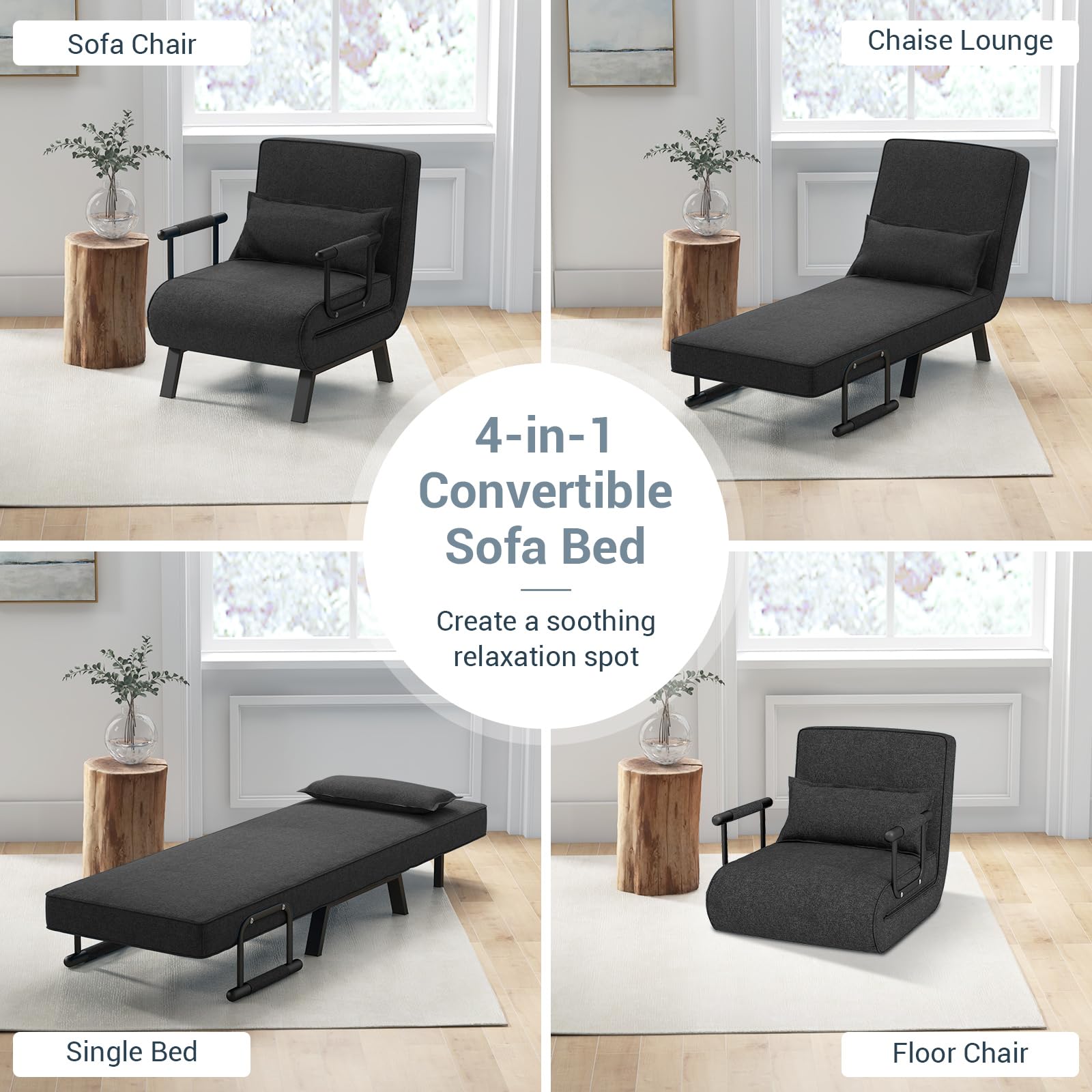 KOMFOTT Convertible Sleeper Chair Bed with Pillow, 4-in-1 Folding Sofa Bed with 6-Position Adjustable Backrest