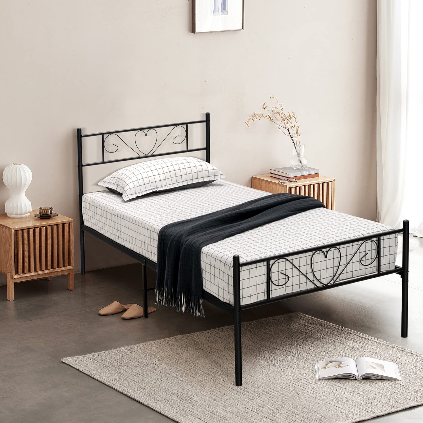 Twin XL Bed Frame, Metal Platform Bed with Heart-Shaped Headboard & Footboard, Mattress Foundation