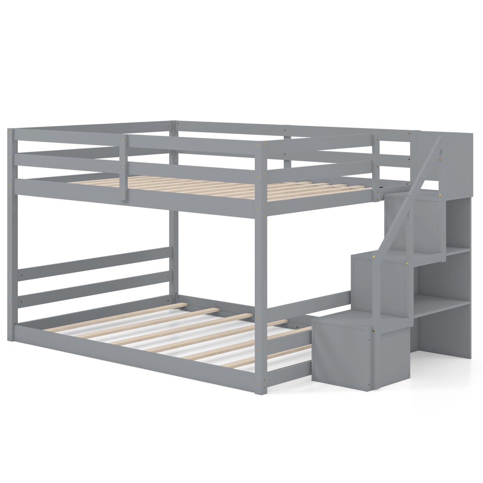 KOMFOTT Wood Full Over Full Low Bunk Bed with Storage Staircase