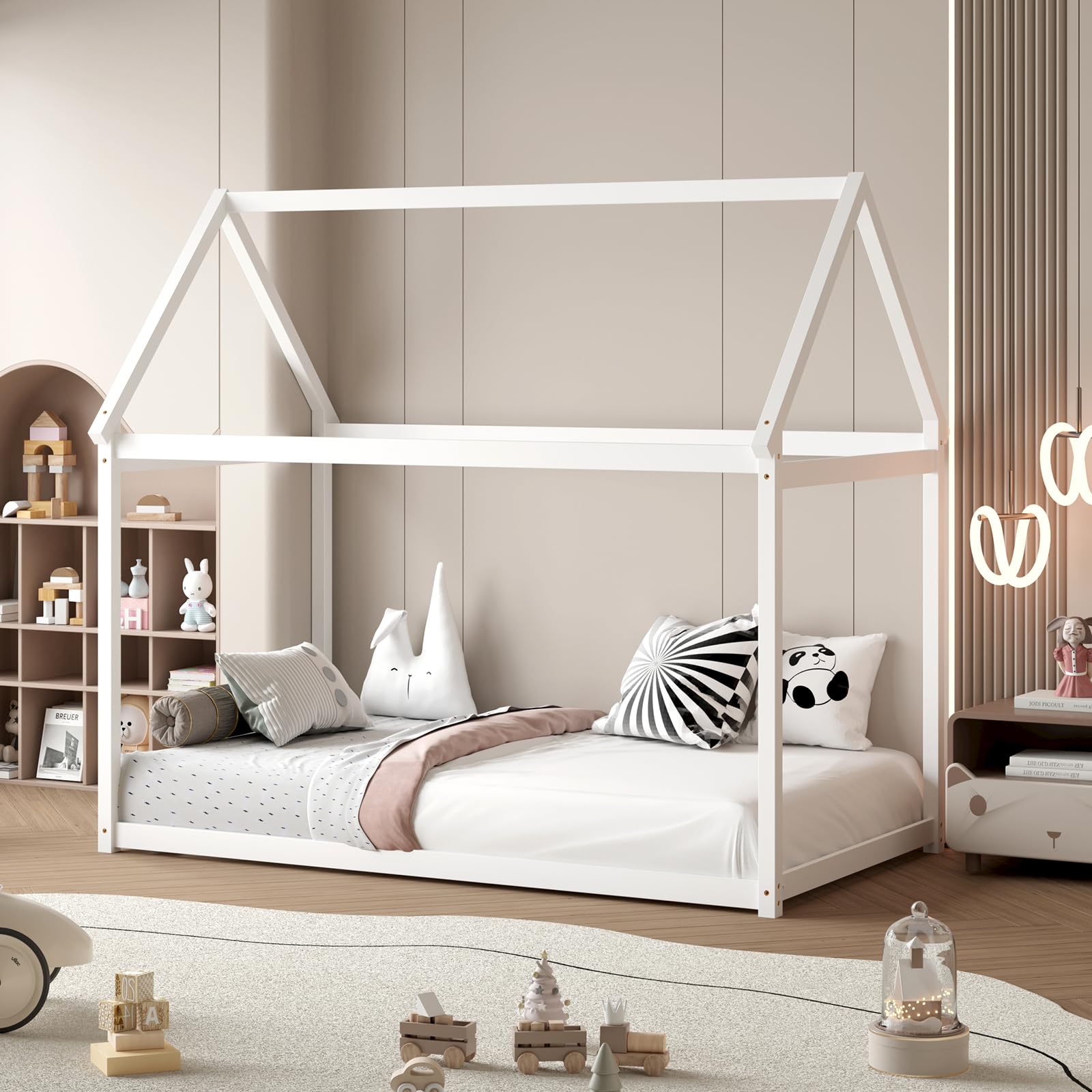 KOMFOTT Twin Size House Bed for Kids, Solid Wood Platform Floor Bed with Roof & Multiple Slats