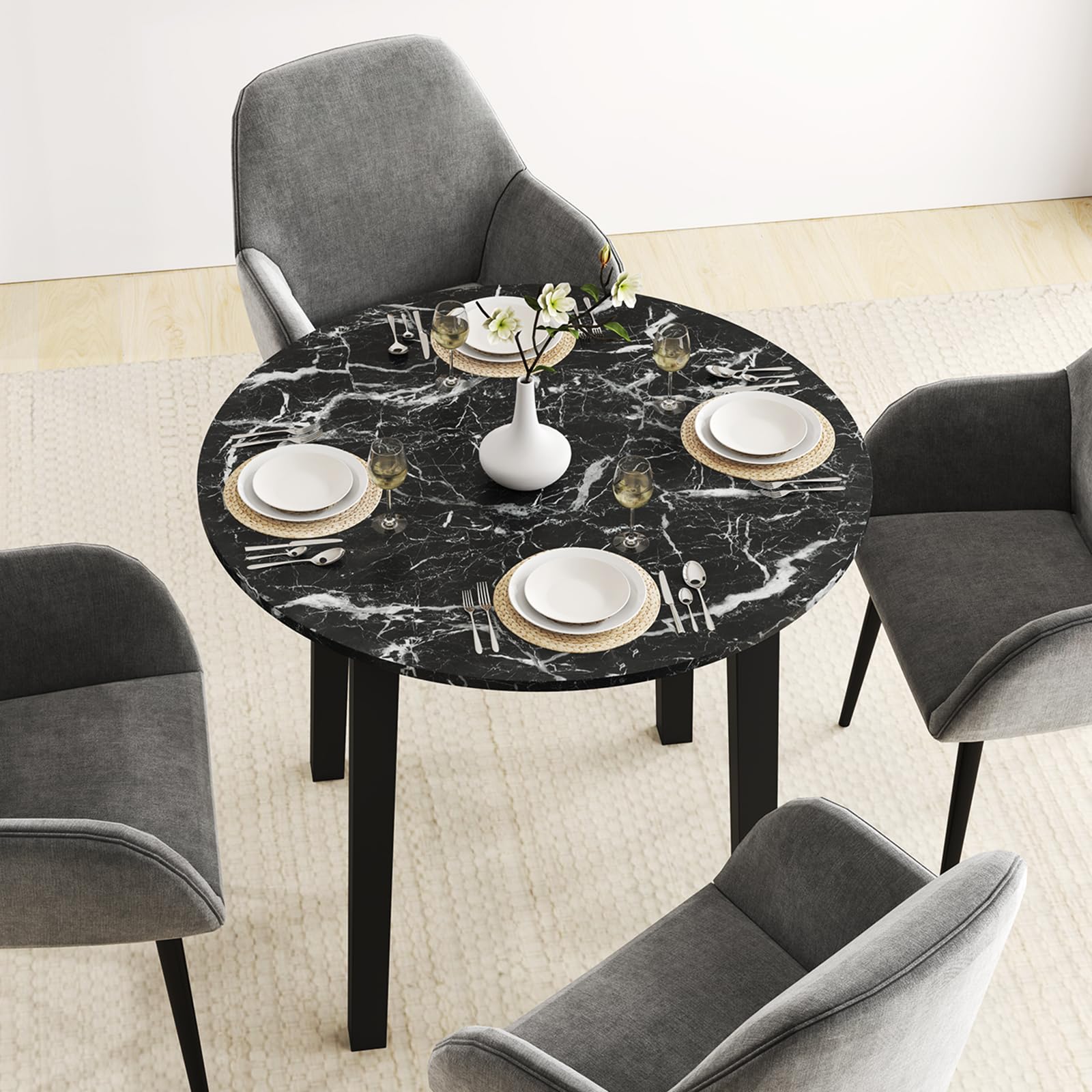 KOMFOTT Round Dining Table with Rubber Wood Legs, Marble-Textured Veneer Tabletop