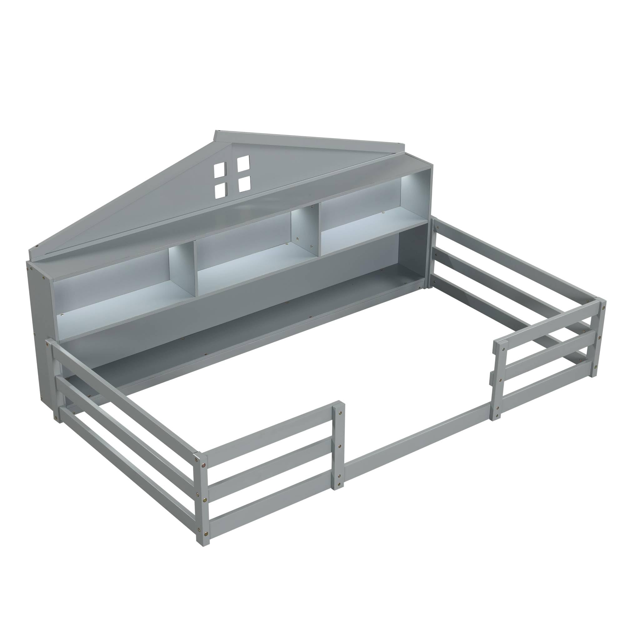 KOMFOTT Twin/Full Floor Bed with Bookcase & LED Light & Fence