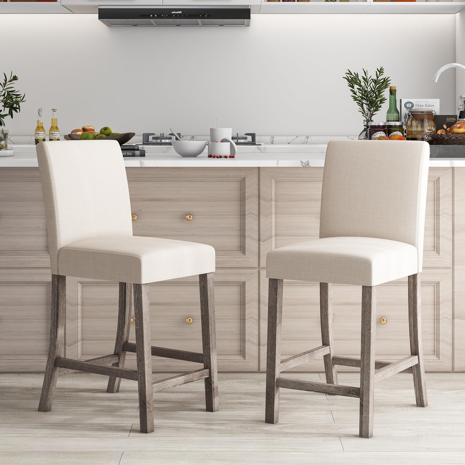 KOMFOTT Upholstered Counter Height Bar Stools Set of 2/4 with Ergonomic Backrest, Solid Wood Frame