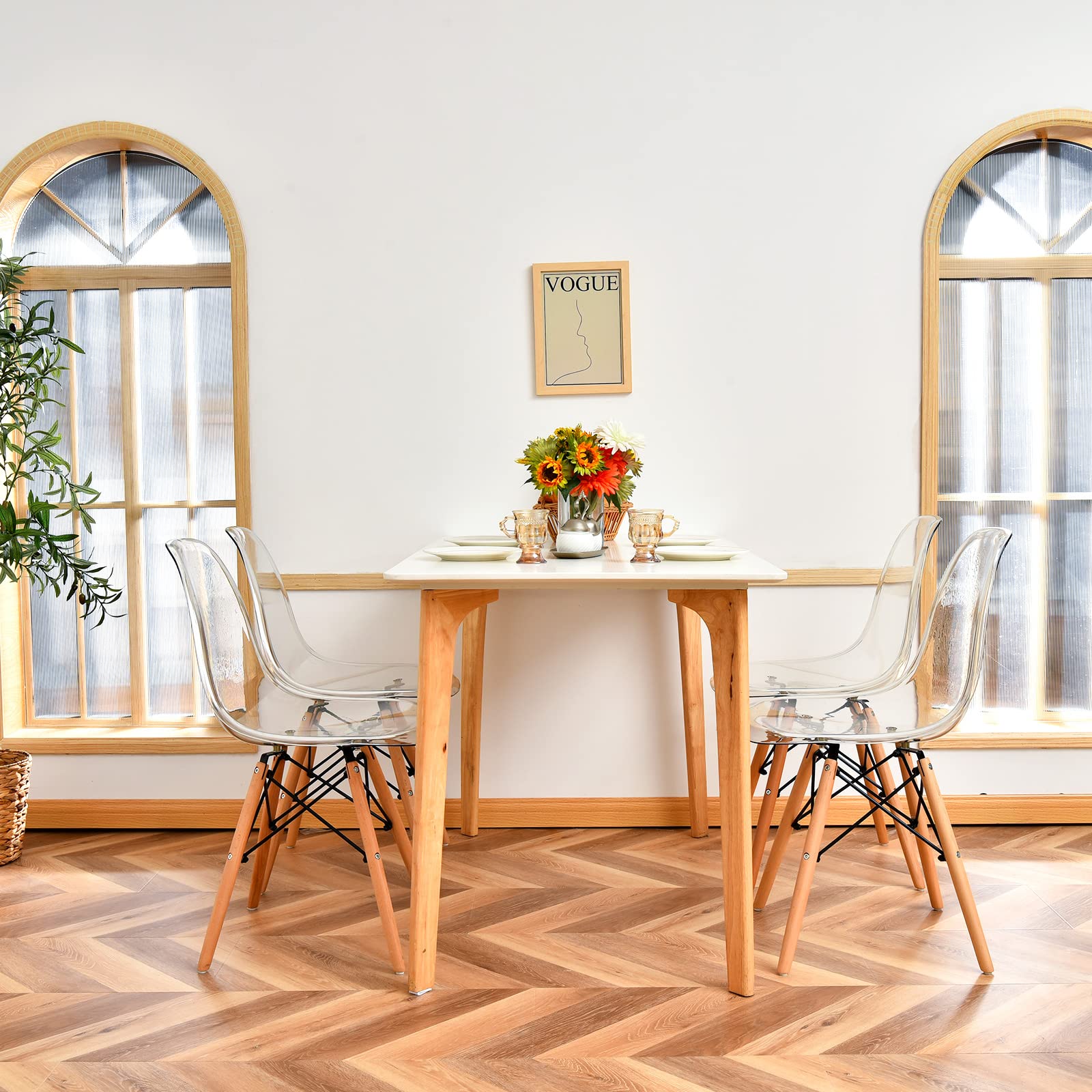 KOMFOTT Clear Acrylic Dining Chairs Set of 4 with Beech Wood Legs