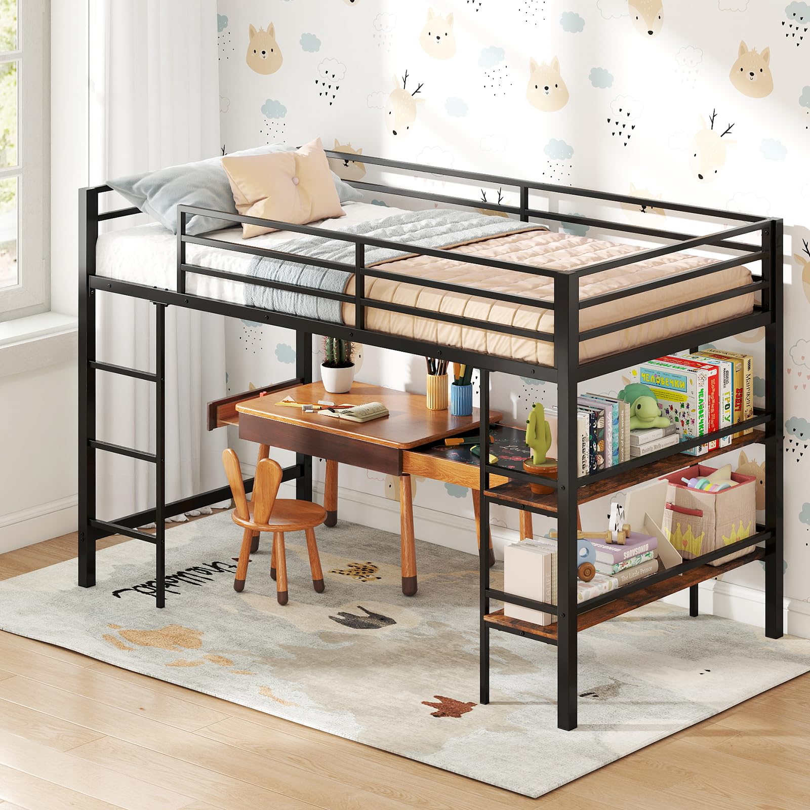 KOMFOTT Twin Size Metal Loft Bed w/Storage Shelves