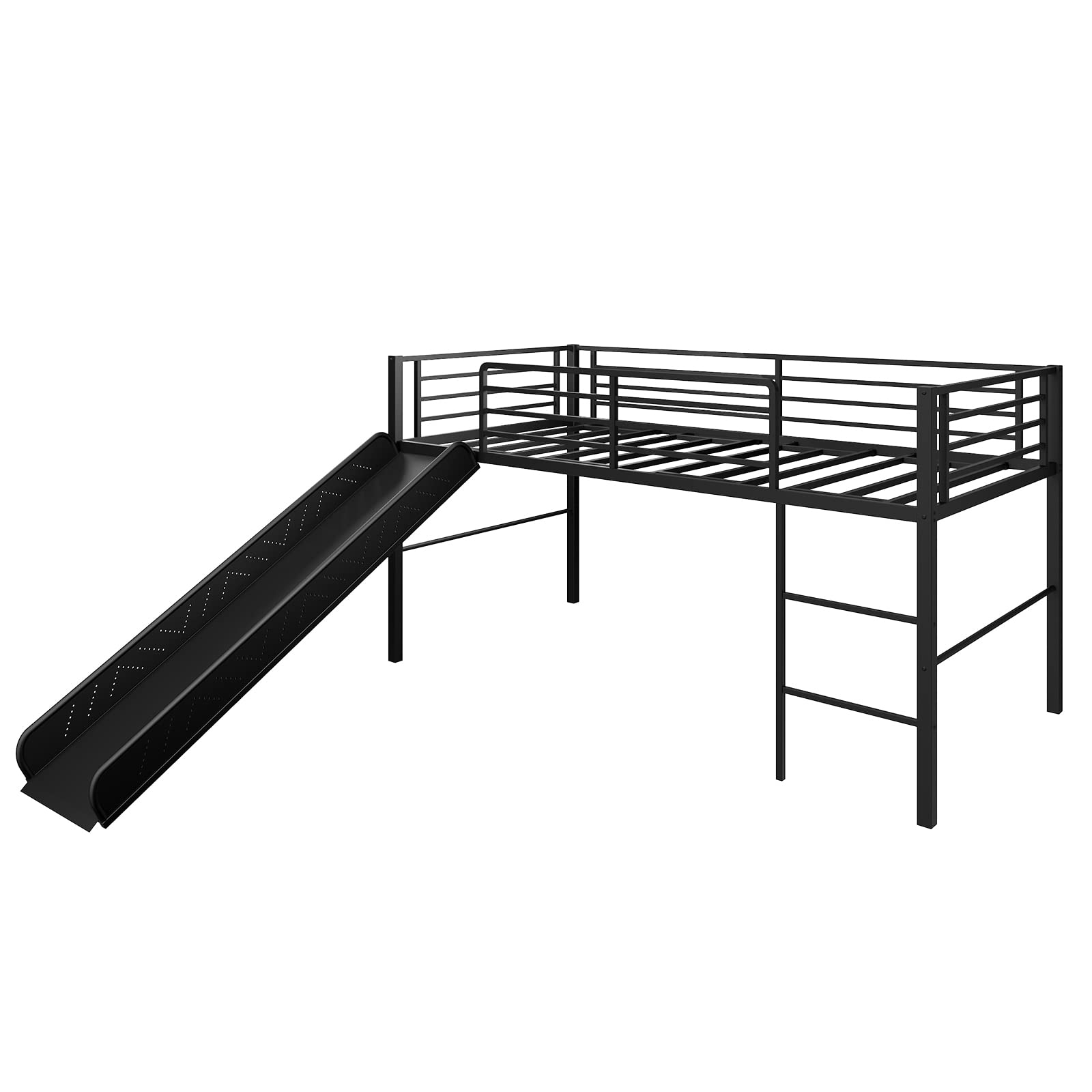 KOMFOTT Twin Metal Low Loft Bed with Slide, Safety Guardrails & Built-in Ladder