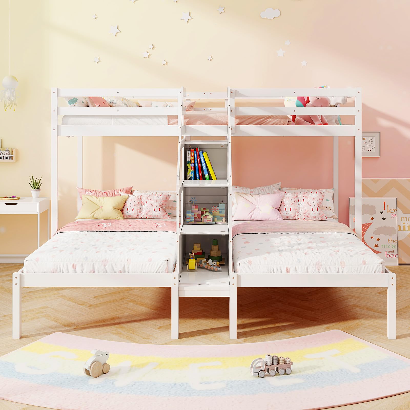 KOMFOTT Triple Bunk Beds with 4-Step Storage Stair, Guardrail & Solid Wood Structure
