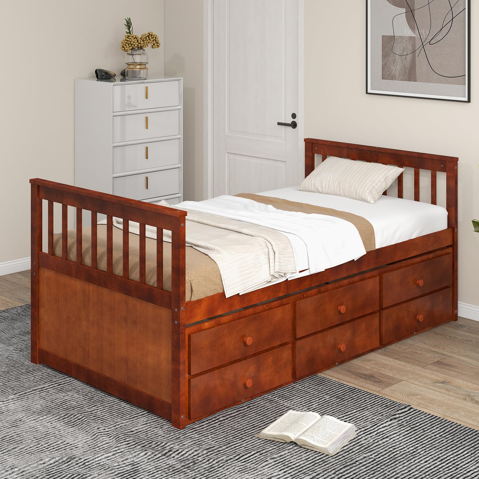 KOMFOTT Twin Captain’s Bed with Trundle Bed, Wood Storage Daybed with 3 Storage Drawers