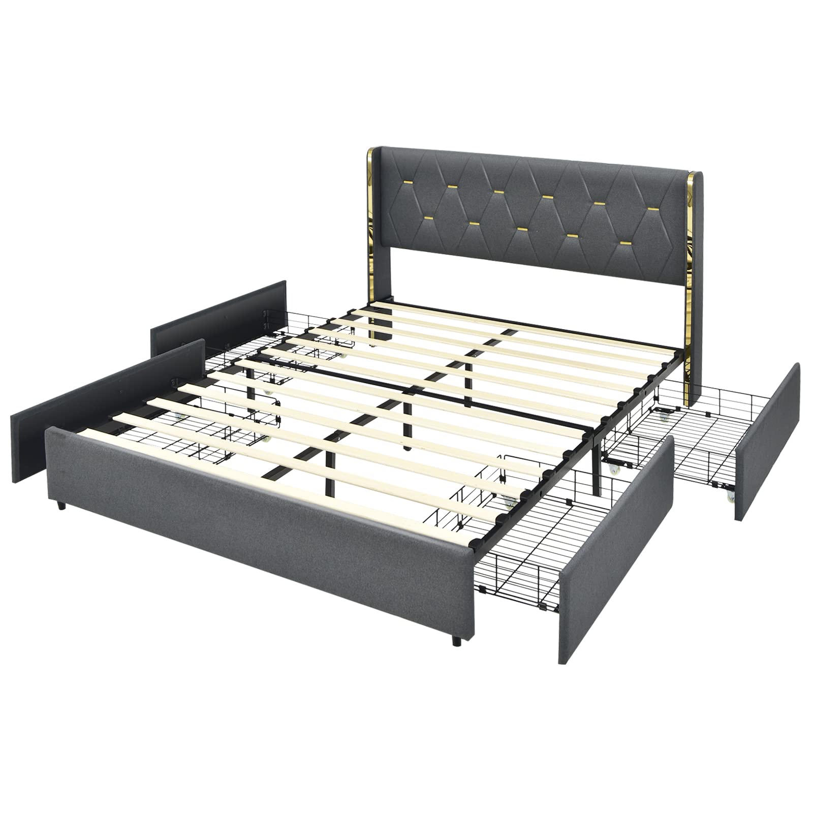KOMFOTT Full Size Upholstered Bed Frame with 4 Rolling Storage Drawers, Space Saving PU Leather Bed Frame