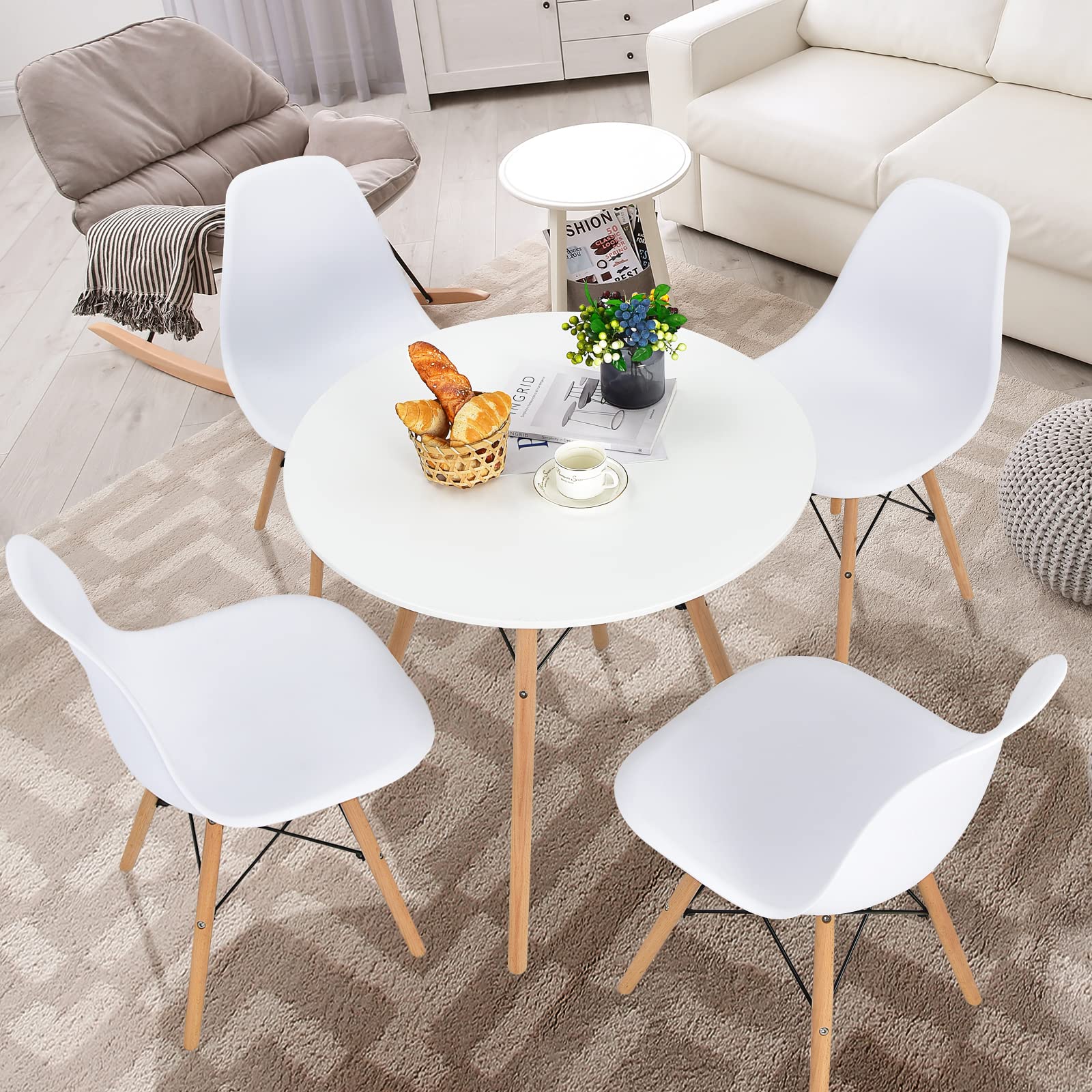 KOMFOTT Round Dining Table Set for 4, Modern Circle Kitchen Table & 4 Chairs with Ergonomic Seats and Solid Wood Legs