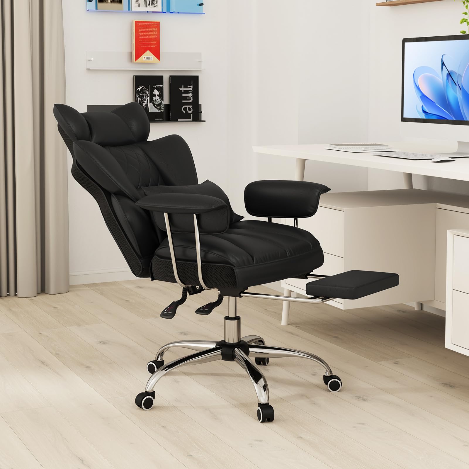 KOMFOTT 400 LBS Big and Tall Office Chair, PU Leather Executive Desk Chair w/Retractable Footrest