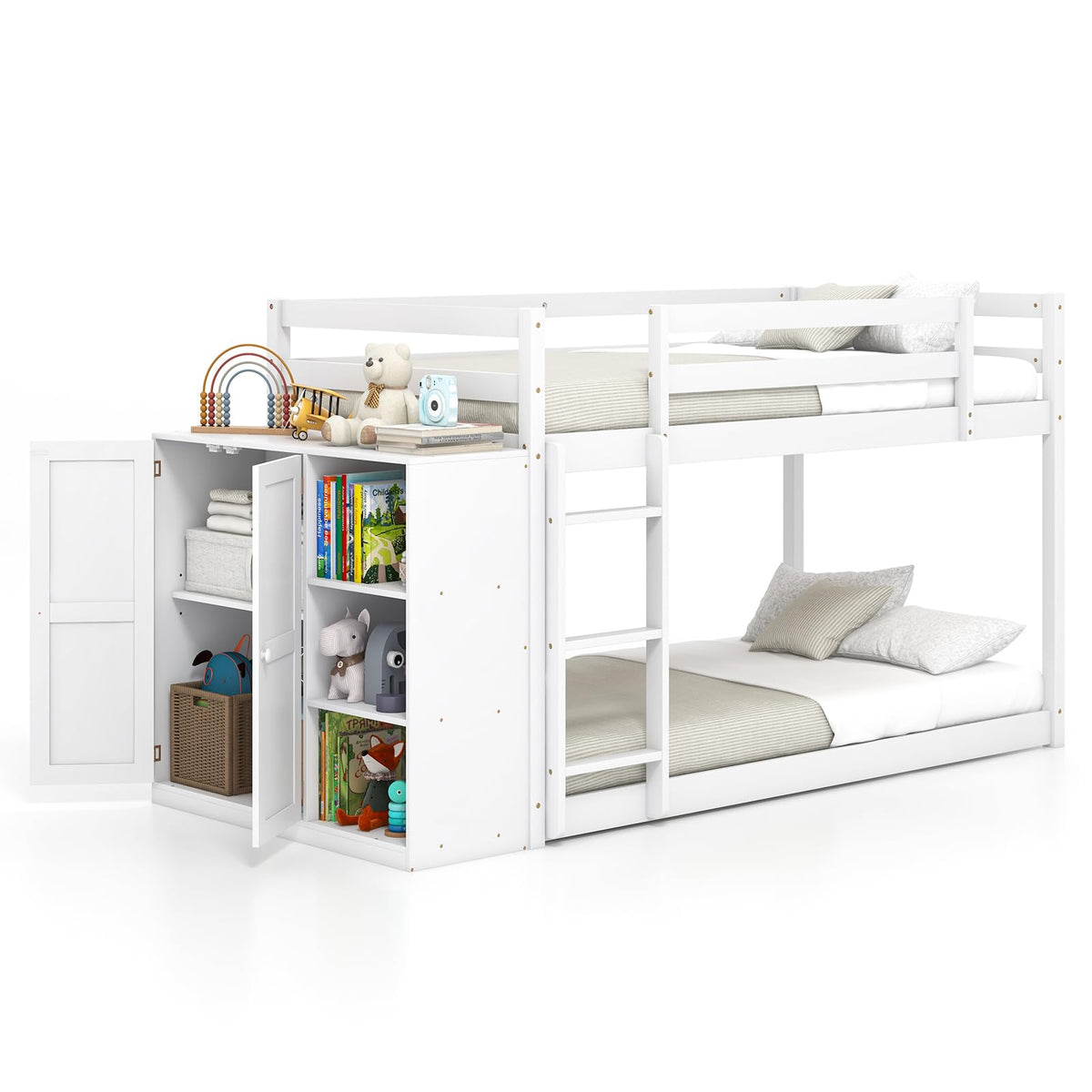 KOMFOTT Twin Over Twin Bunk Bed with Storage Cabinet & Shelves, Convertible Bookcase