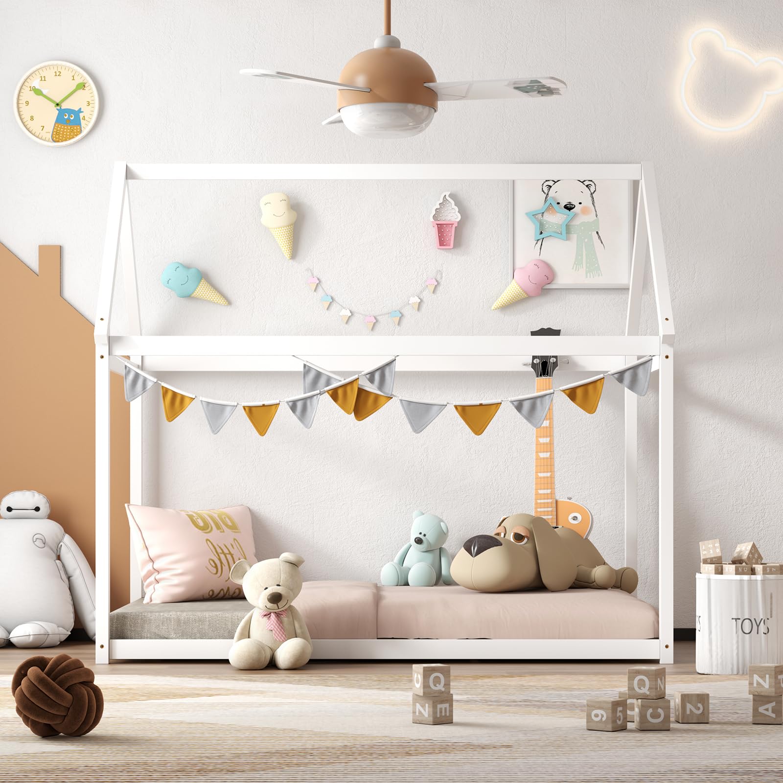 KOMFOTT Twin Size House Bed for Kids, Solid Wood Platform Floor Bed with Roof & Multiple Slats