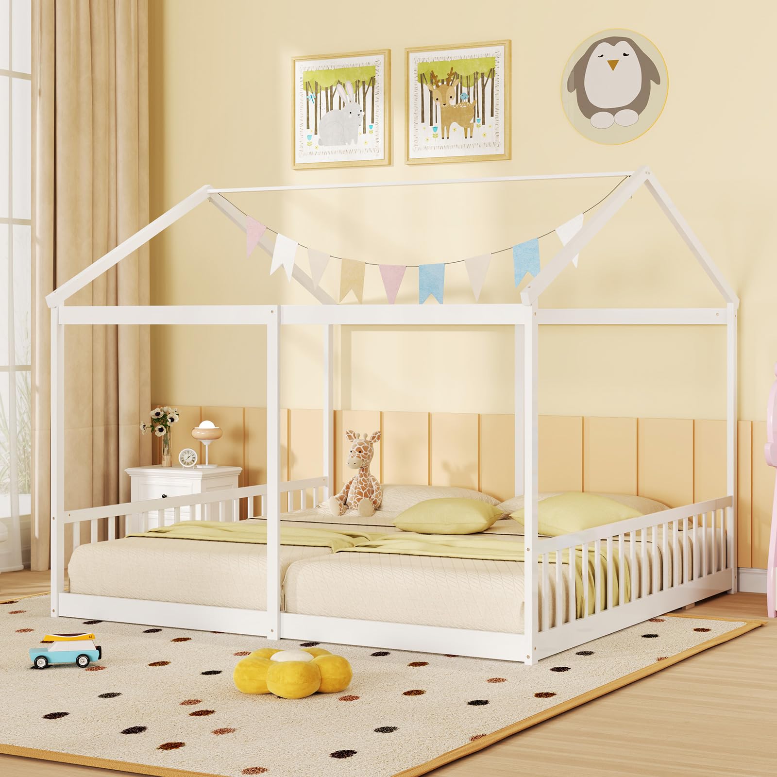 KOMFOTT Double Twin Floor Beds for 2 Kids, Wood Twin Size House Beds with Safety Guardrails