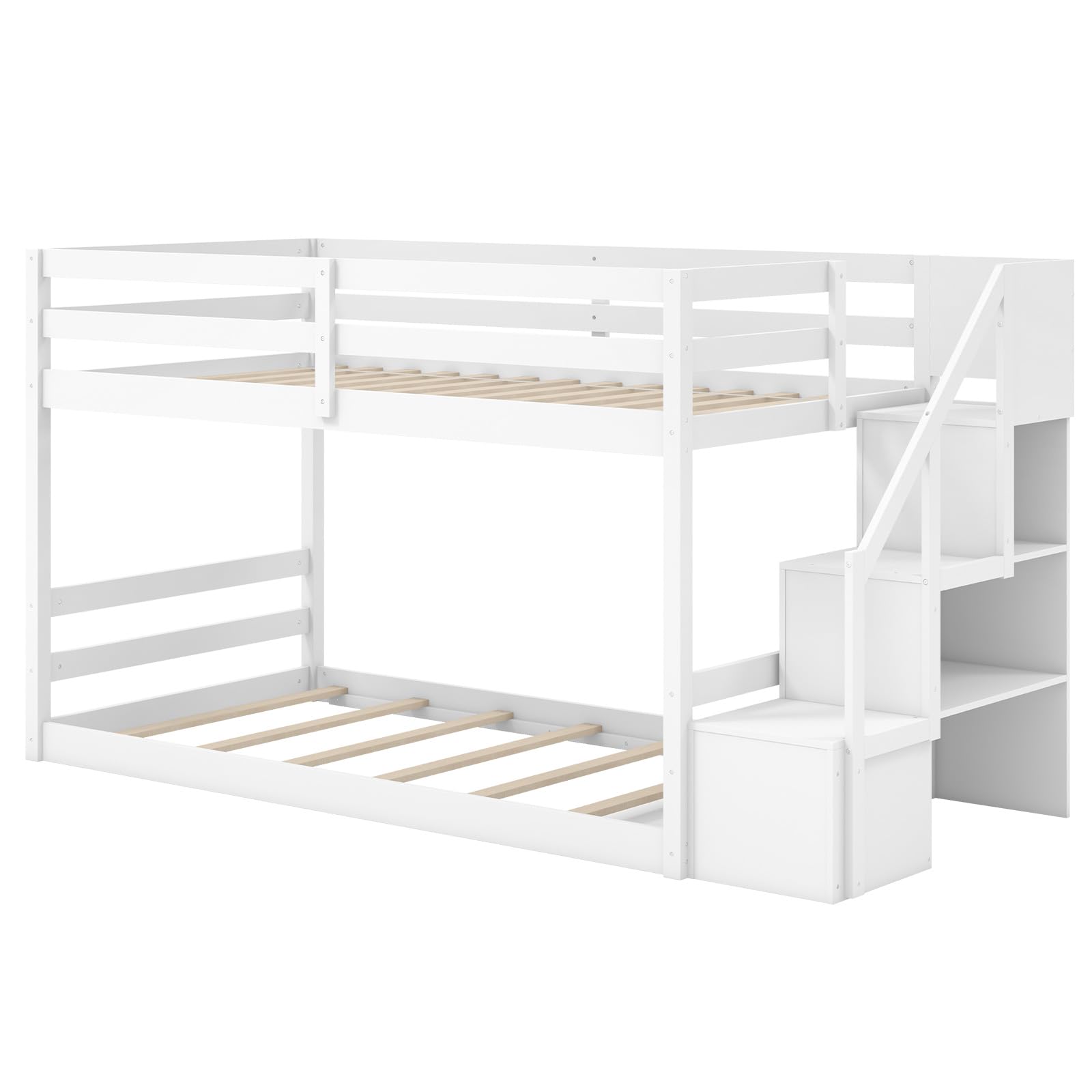 KOMFOTT Solid Wood Floor Bunk Bed with Storage Staircase & Full-Length Guardrails