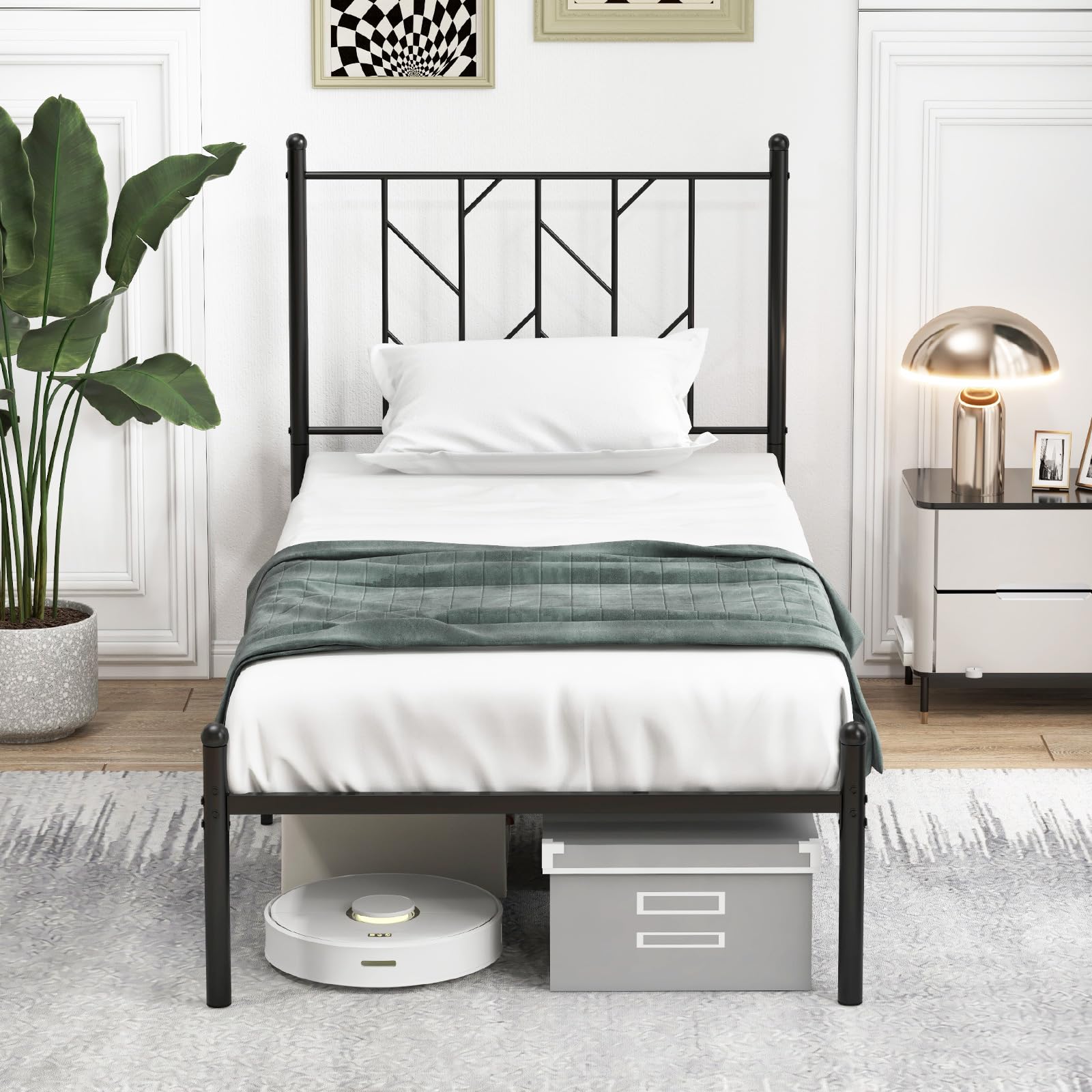 KOMFOTT Metal Bed Frame with Victorian Style Headboard, 14 Metal Slats Support