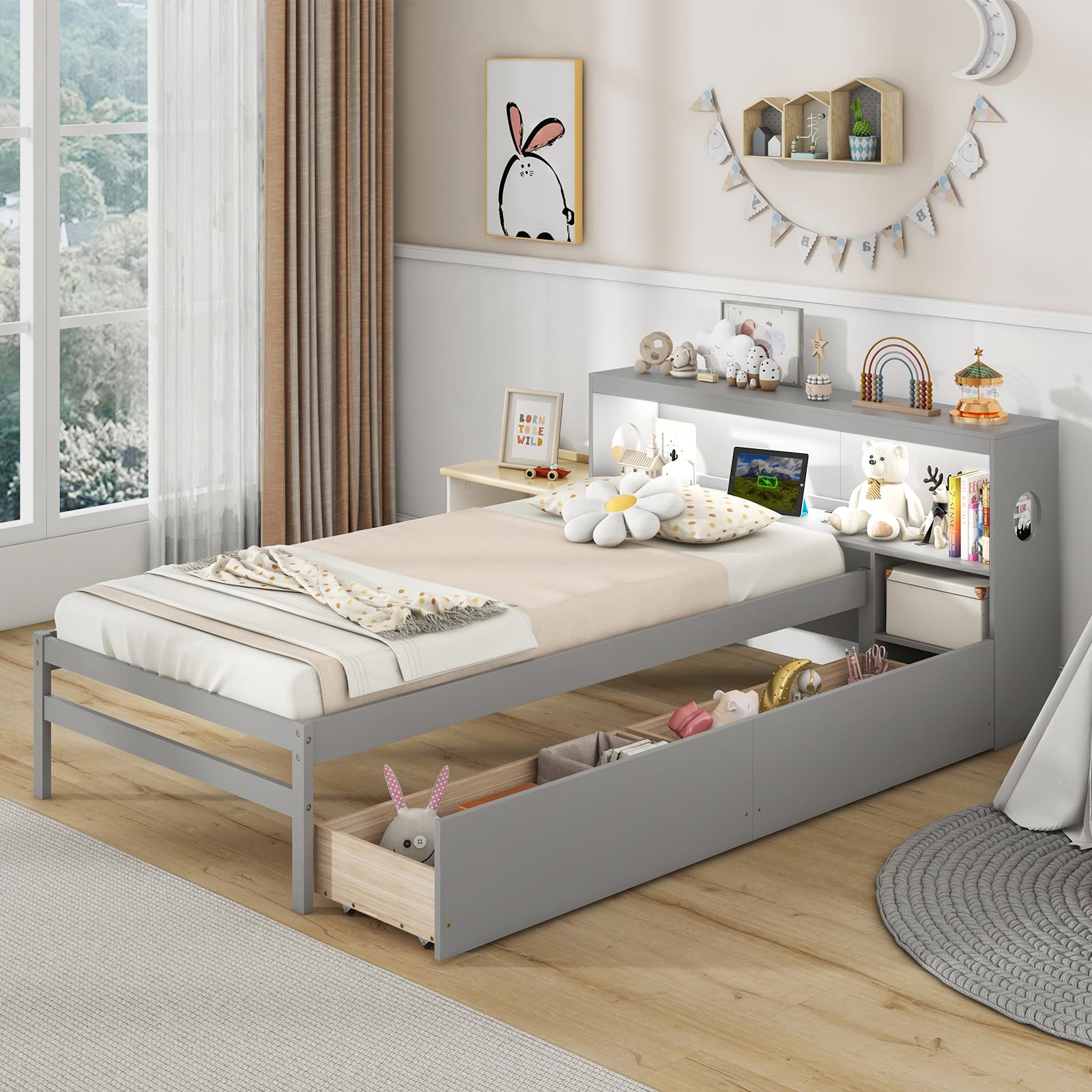 KOMFOTT Wood Twin Bed Frame with Storage Drawer & Headboard & Charging Station & LED Light