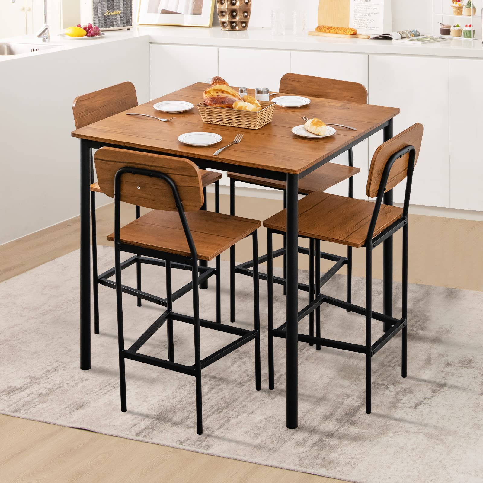 KOMFOTT 5 Piece Dining Table Set with Counter Height Table & 4 Bar Stools, Industrial Kitchen Dining Table Set with Footrest & Backrest