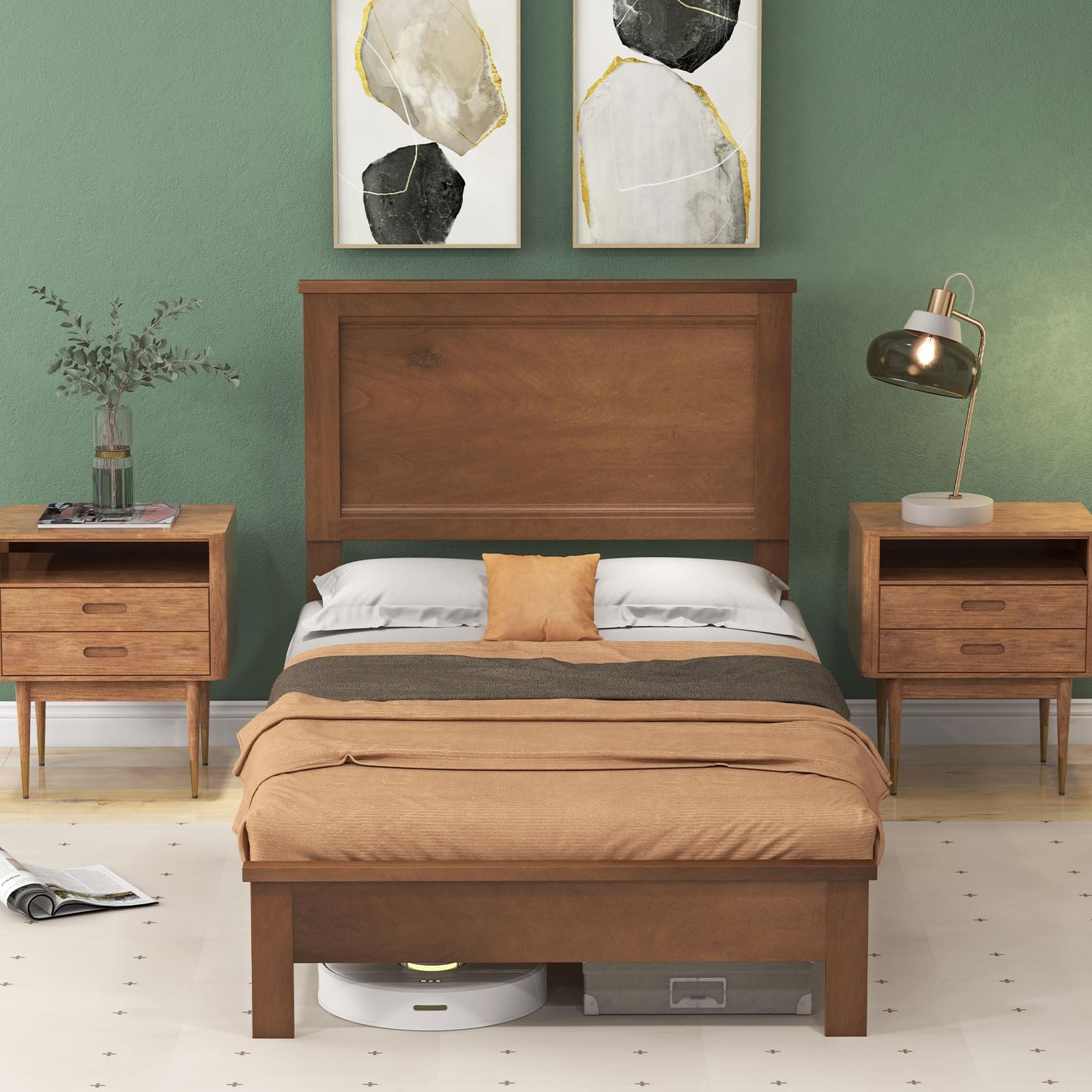 KOMFOTT Mid-Century Modern Platform Bed with Headboard, Solid Wood Legs