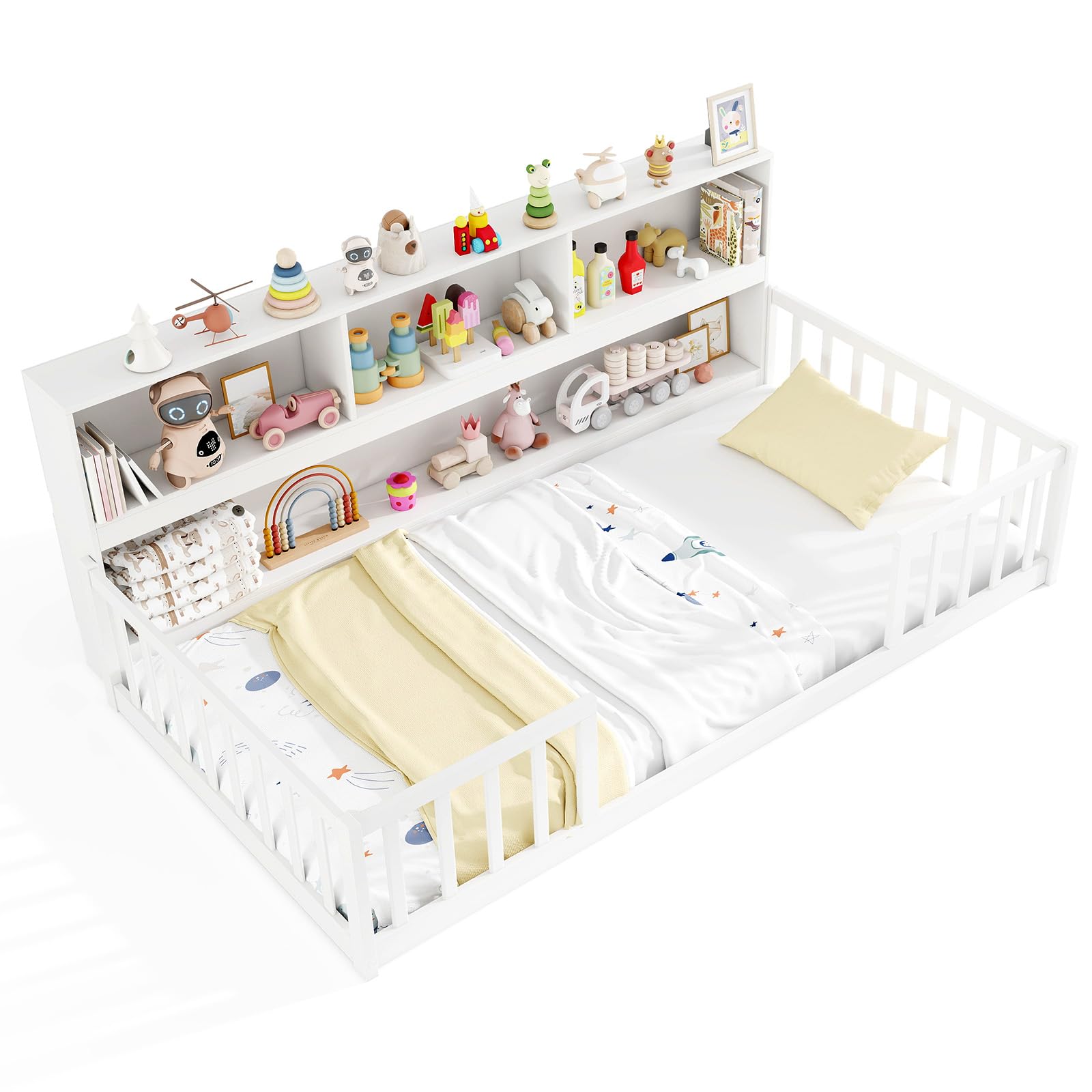 KOMFOTT Twin/Full Size Floor Bed with Bookcase & Shelves & Safety Guardrails