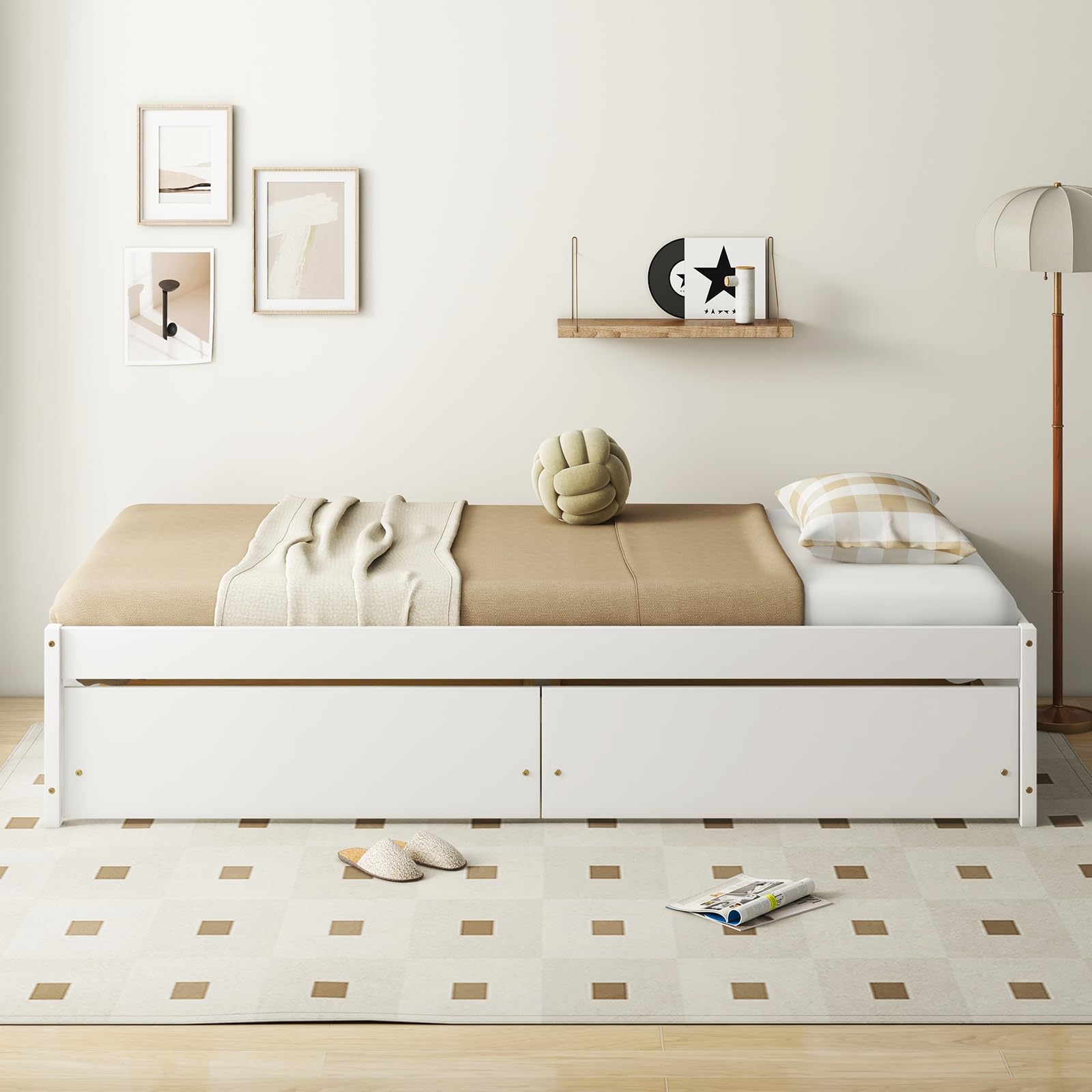KOMFOTT Bed Frame with 2 Storage Drawers, Solid Wood Platform Bed with Slats Support